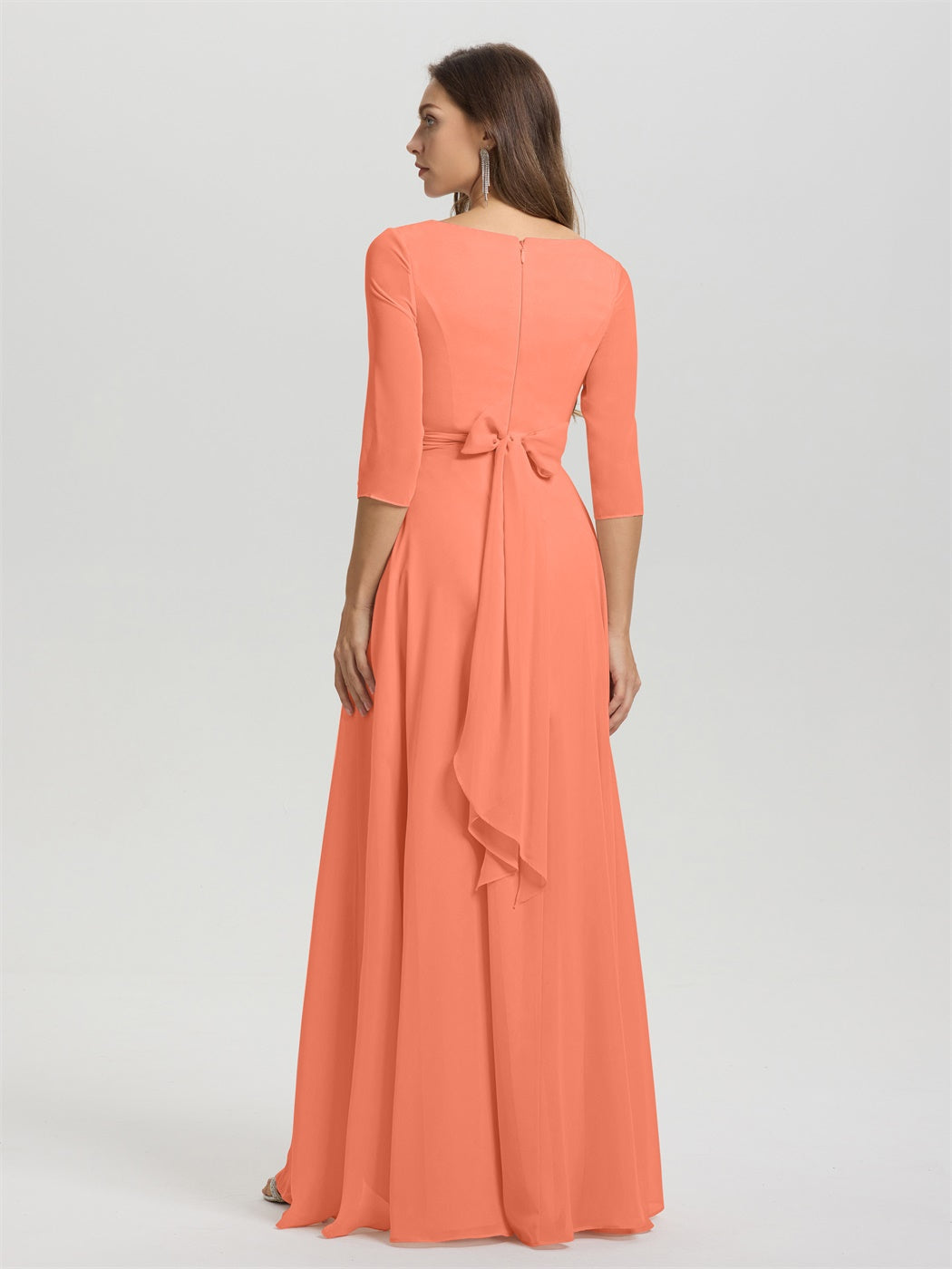 Fließende 3/4 Ärmel V-Ausschnitt Asymmetrisch Hoch Niedrig Chiffon Brautjungfernkleid