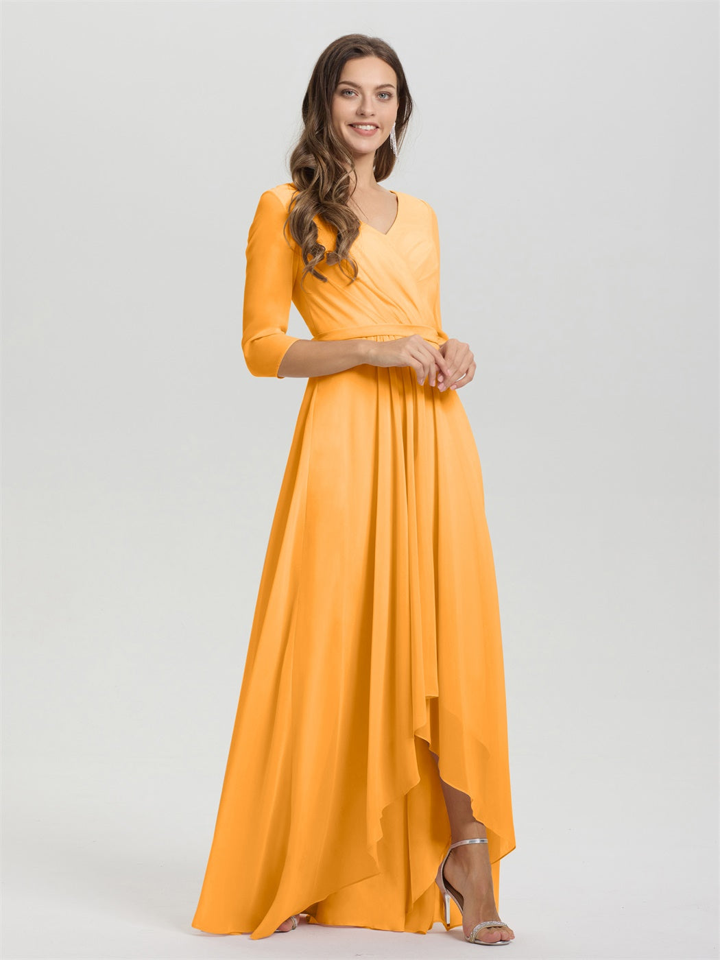Fließende 3/4 Ärmel V-Ausschnitt Asymmetrisch Hoch Niedrig Chiffon Brautjungfernkleid