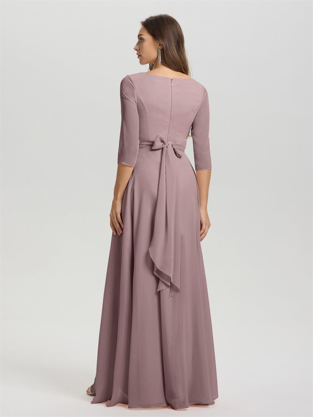 Fließende 3/4 Ärmel V-Ausschnitt Asymmetrisch Hoch Niedrig Chiffon Brautjungfernkleid