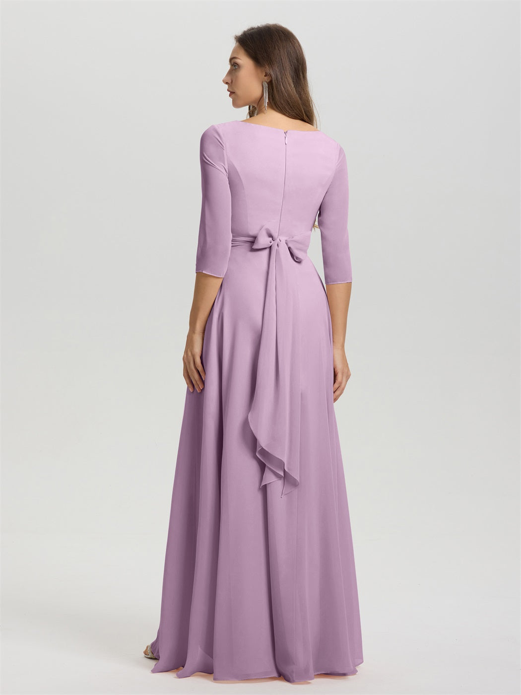 Fließende 3/4 Ärmel V-Ausschnitt Asymmetrisch Hoch Niedrig Chiffon Brautjungfernkleid