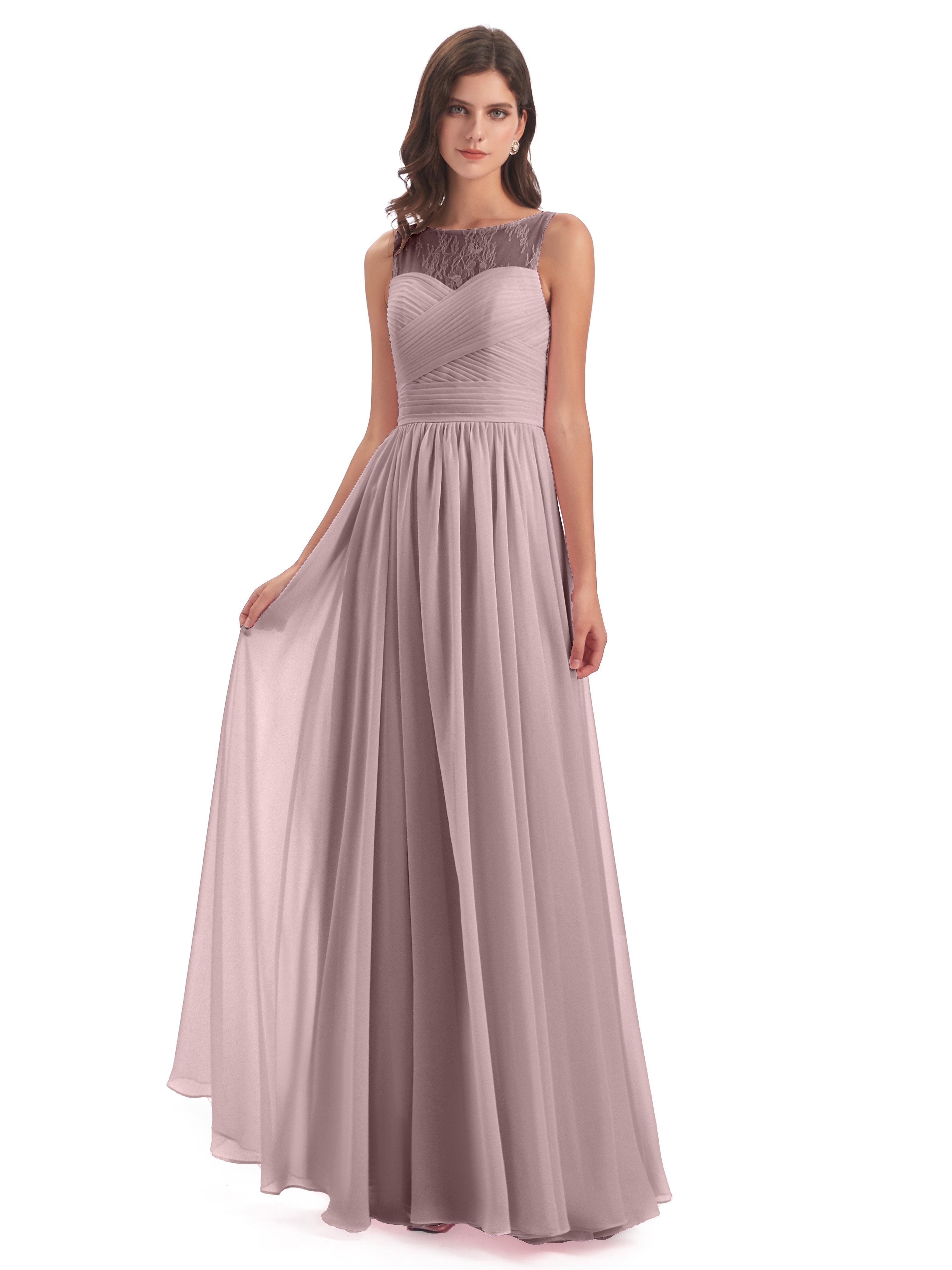 Naya A-Linie Bodenlange Illusion Spitze/Chiffon Lange Brautjungfernkleider