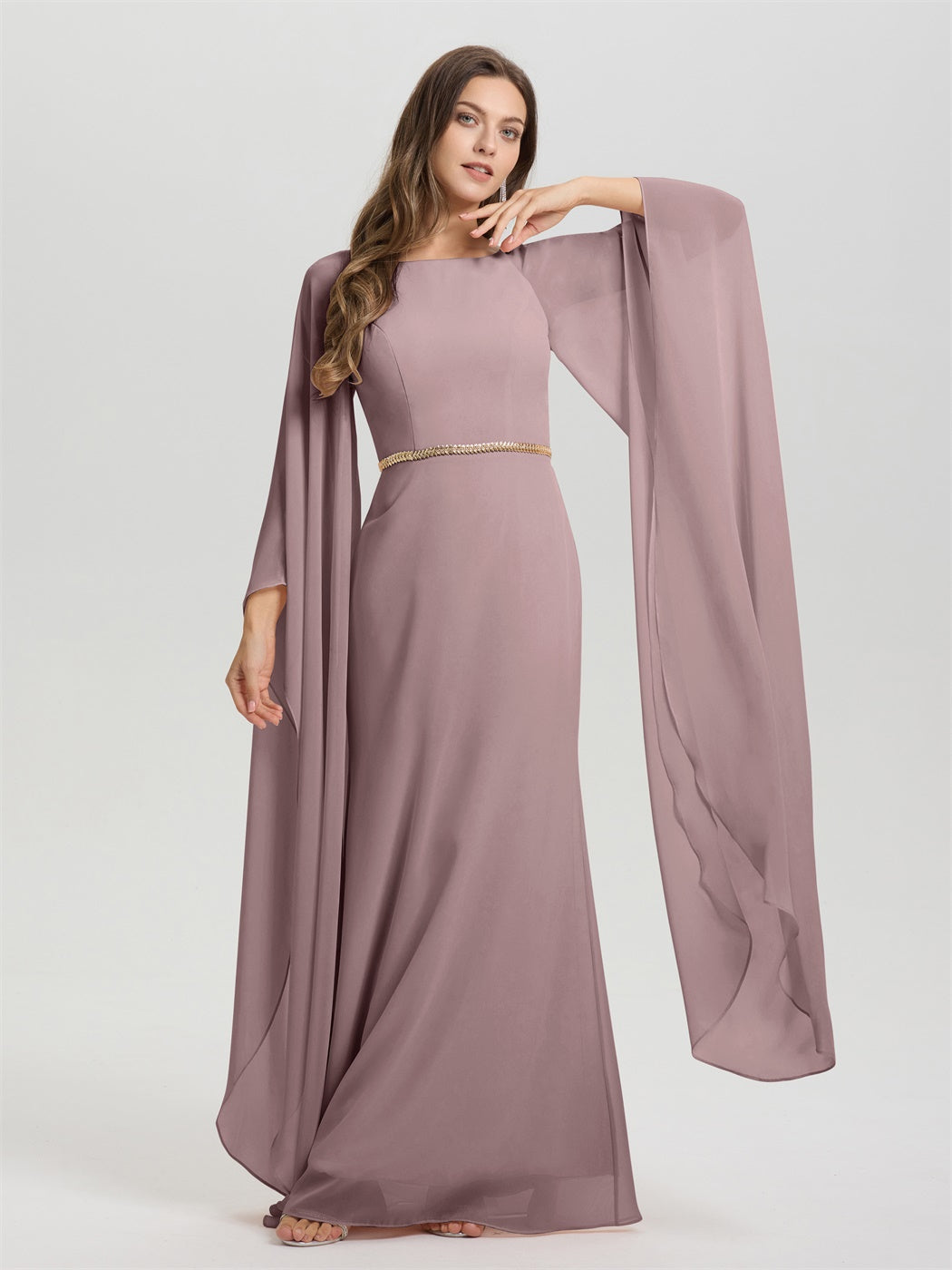 Mantel Fließend Lange Ärmel Tailliert Zip Zurück Chiffon Brautjungfer Kleid