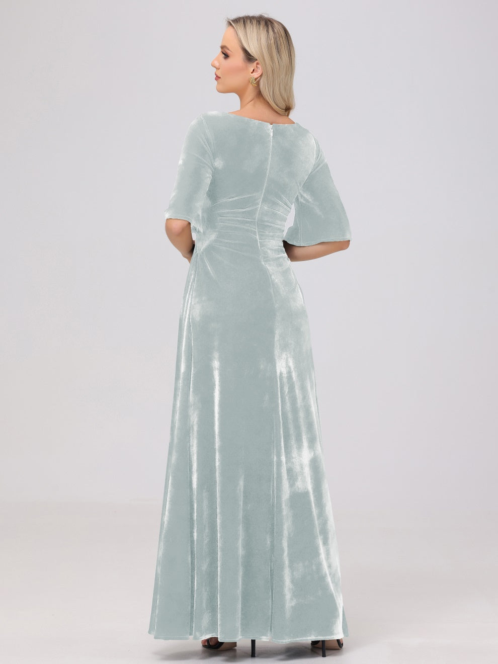 Quadratisch Halbe Ärmel Samt Brautjungfernkleider Mit Teilung