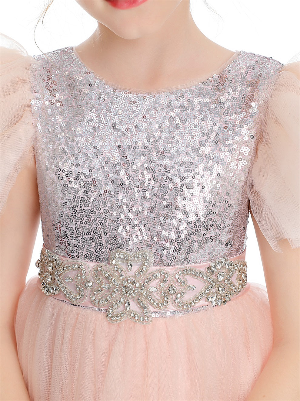 Rüschen Kappenärmel Pailletten Tüll Blumenmädchen Kleid