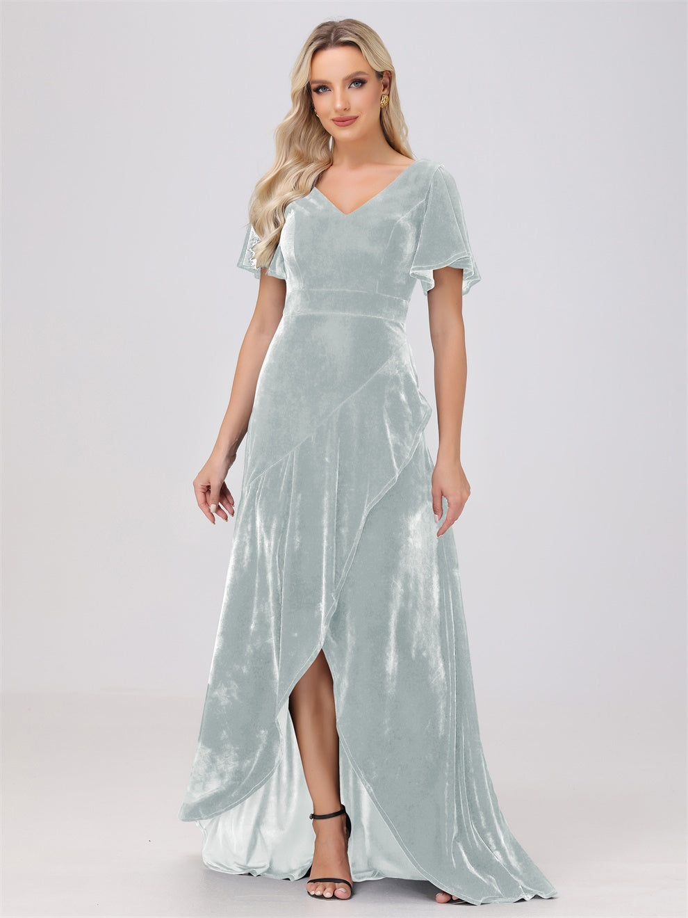 Hoch-Tief Kurze Ärmel V-Ausschnitt Samt Brautjungfernkleider Mit Spaltung