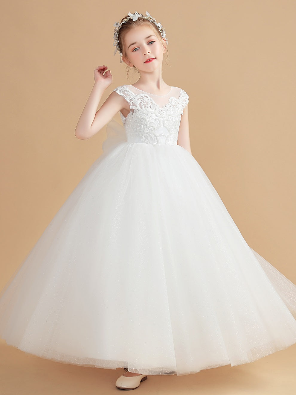 Tüll Blumenmädchenkleid mit Schleifen Knoten