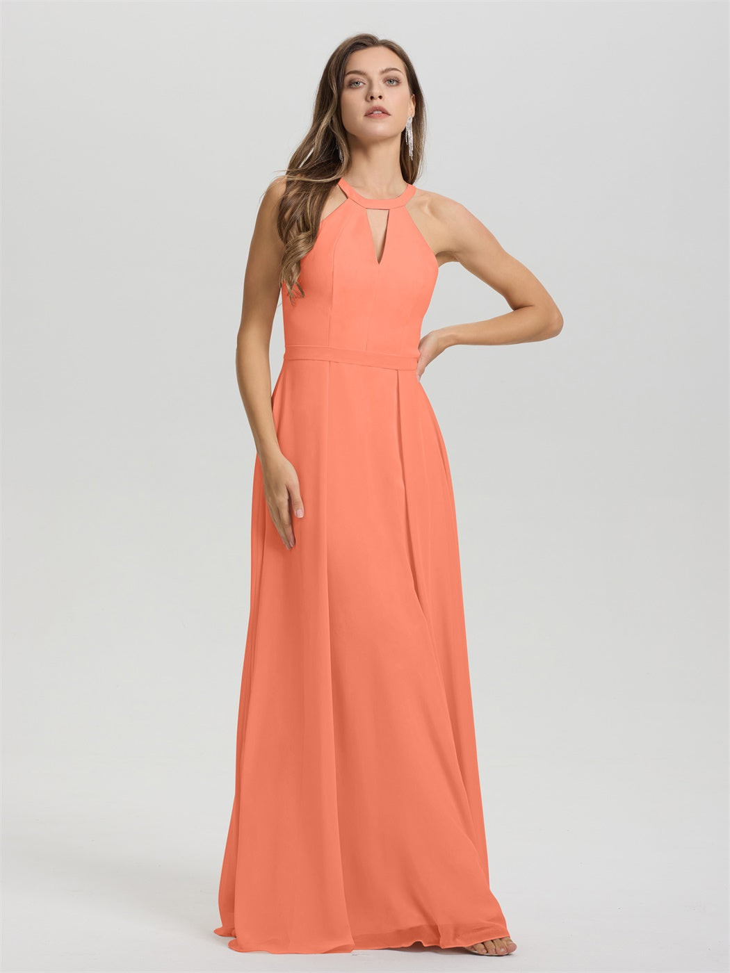 A-Linie Hater Key Hole Ärmelloses Bodenlanges Chiffon Brautjungfernkleid