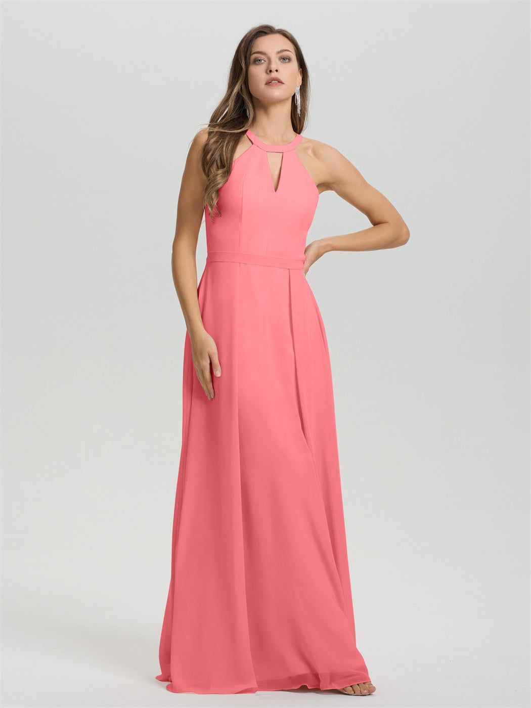 A-Linie Hater Key Hole Ärmelloses Bodenlanges Chiffon Brautjungfernkleid