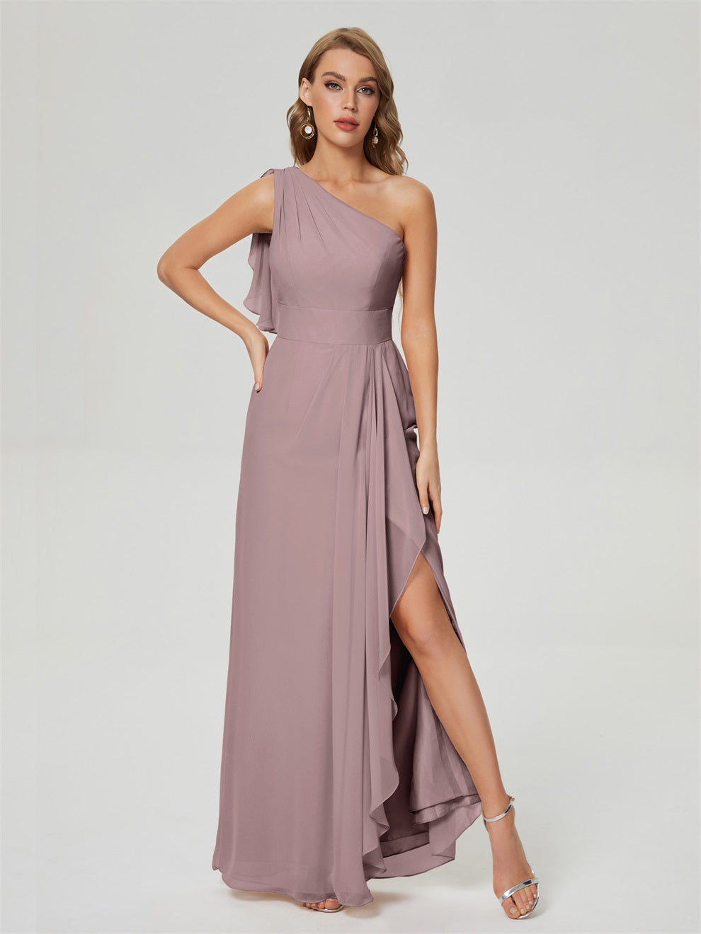 Samara Geschlitzt Ein-Schulter Chiffon Brautjungfernkleider Mit Rüschen