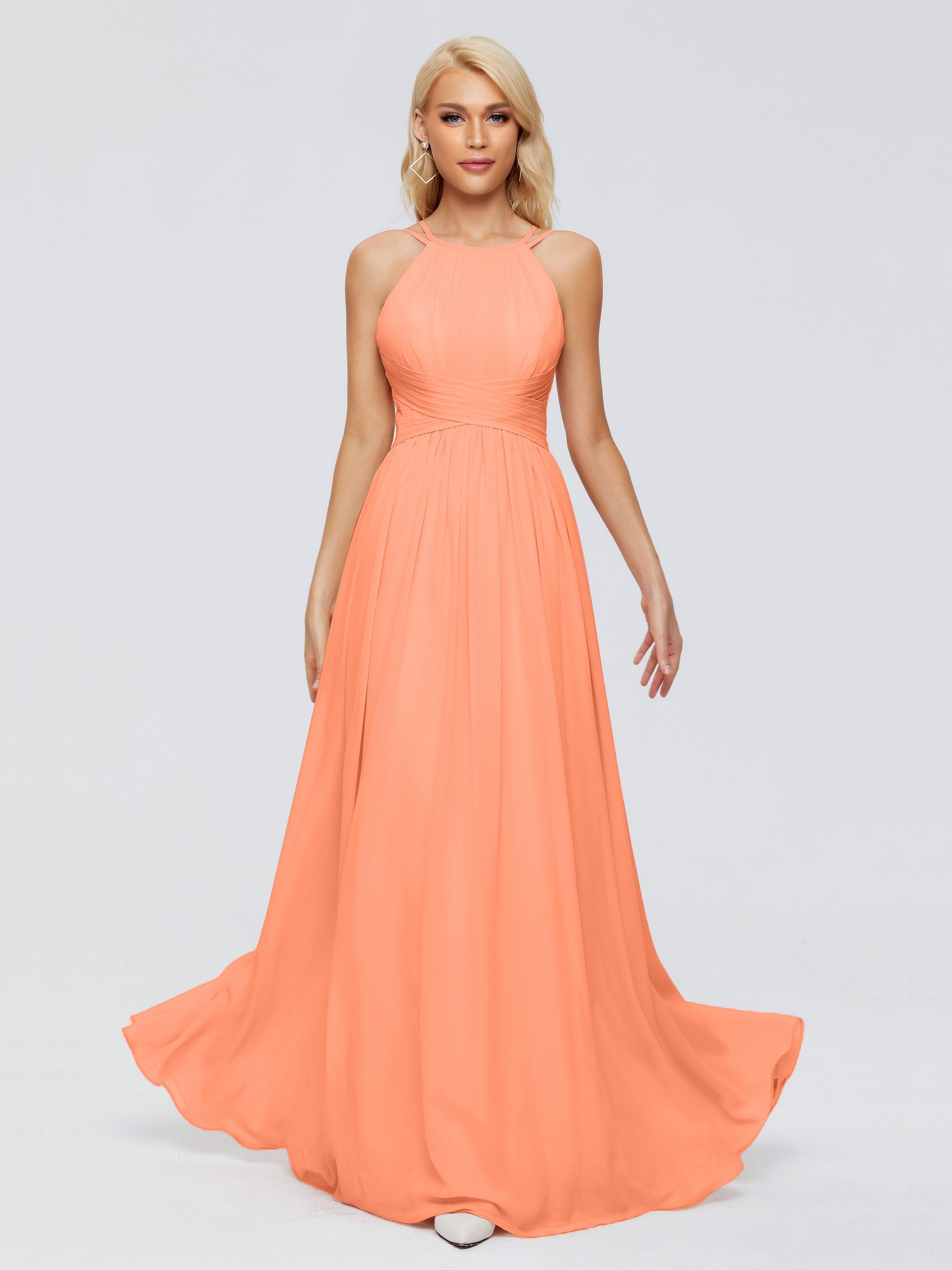Sara Hängehals geraffte Chiffon Brautjungfernkleider