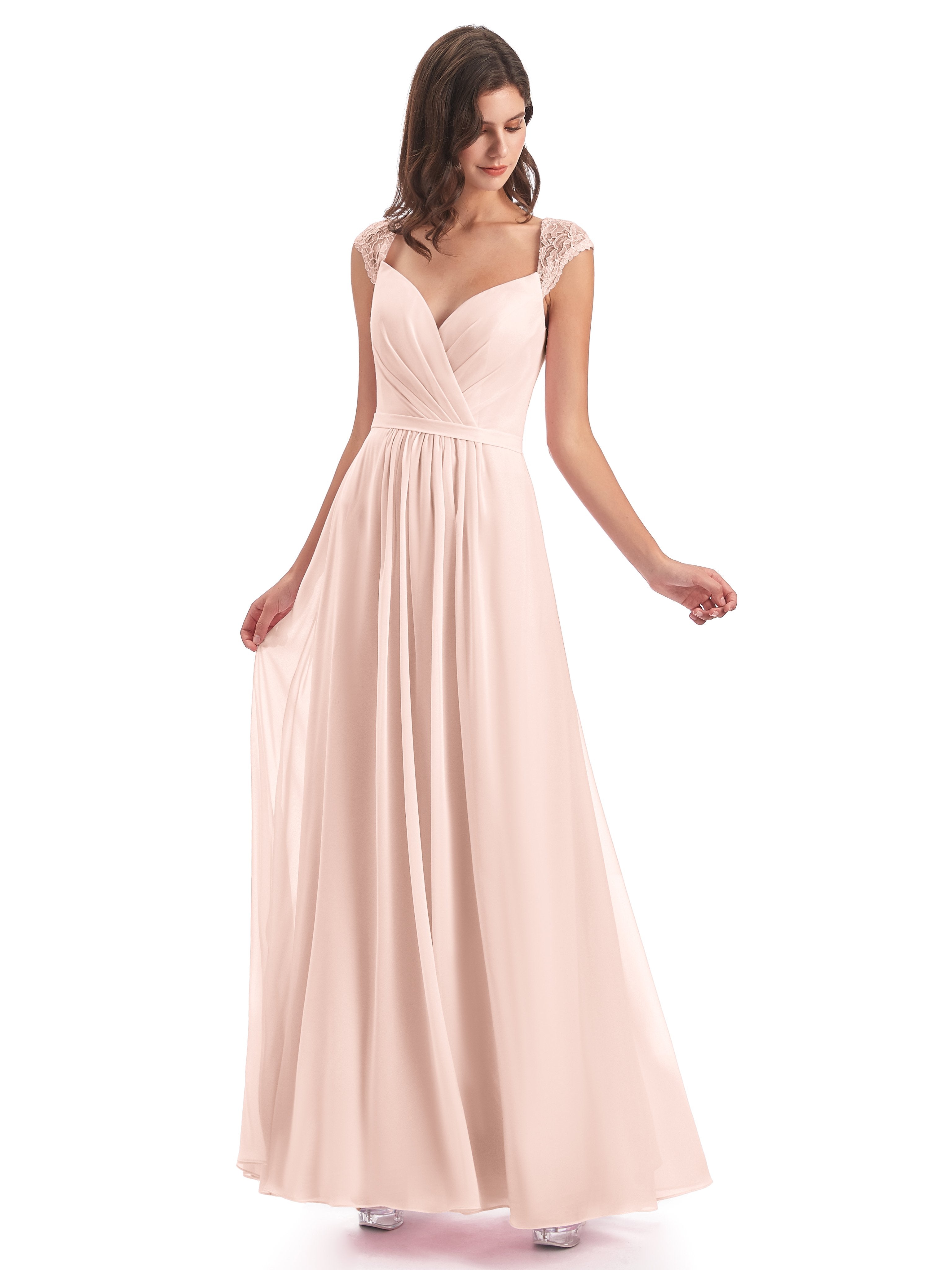 Sofia A-Linie Bodenlange Kappenärmel Chiffon/Spitze Lange Brautjungfernkleider