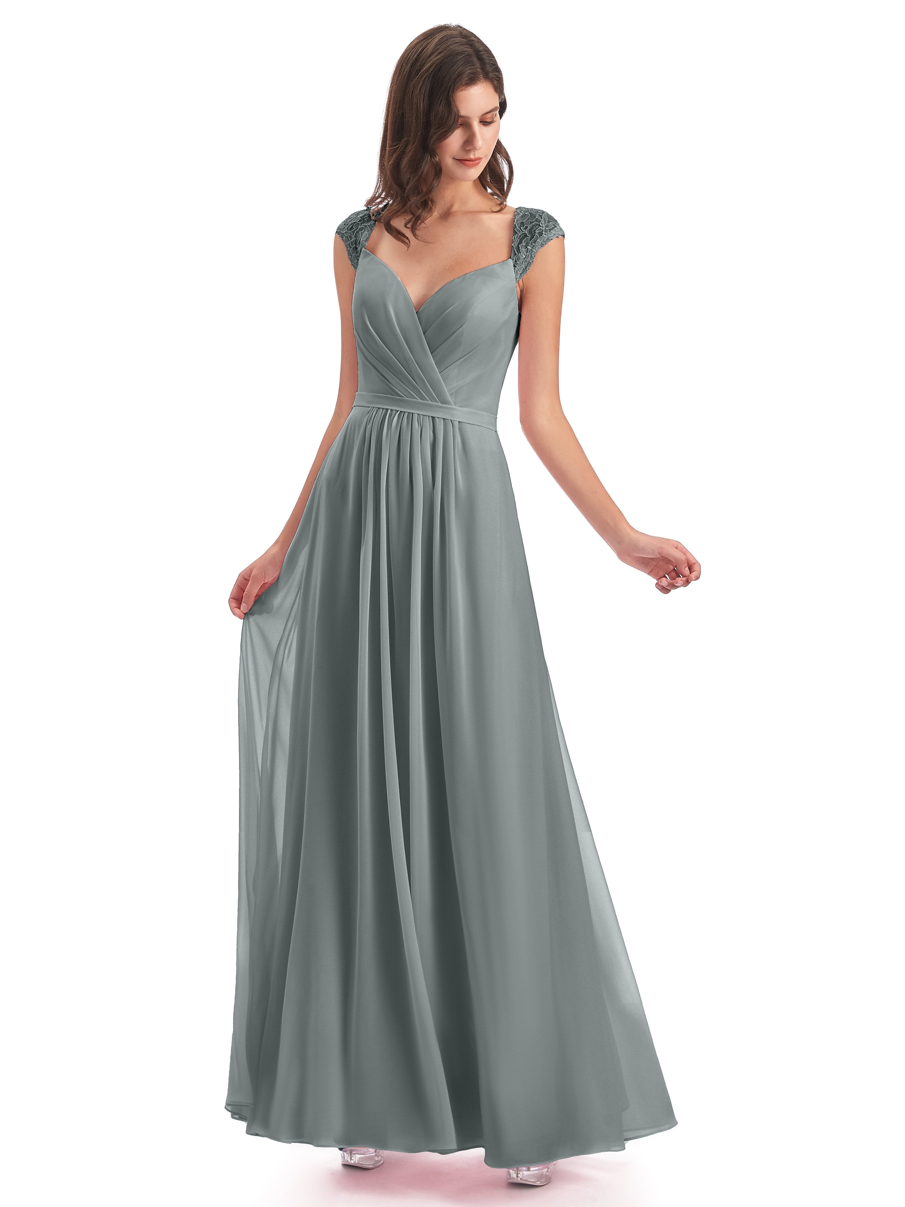 Sofia A-Linie Bodenlange Kappenärmel Chiffon/Spitze Lange Brautjungfernkleider