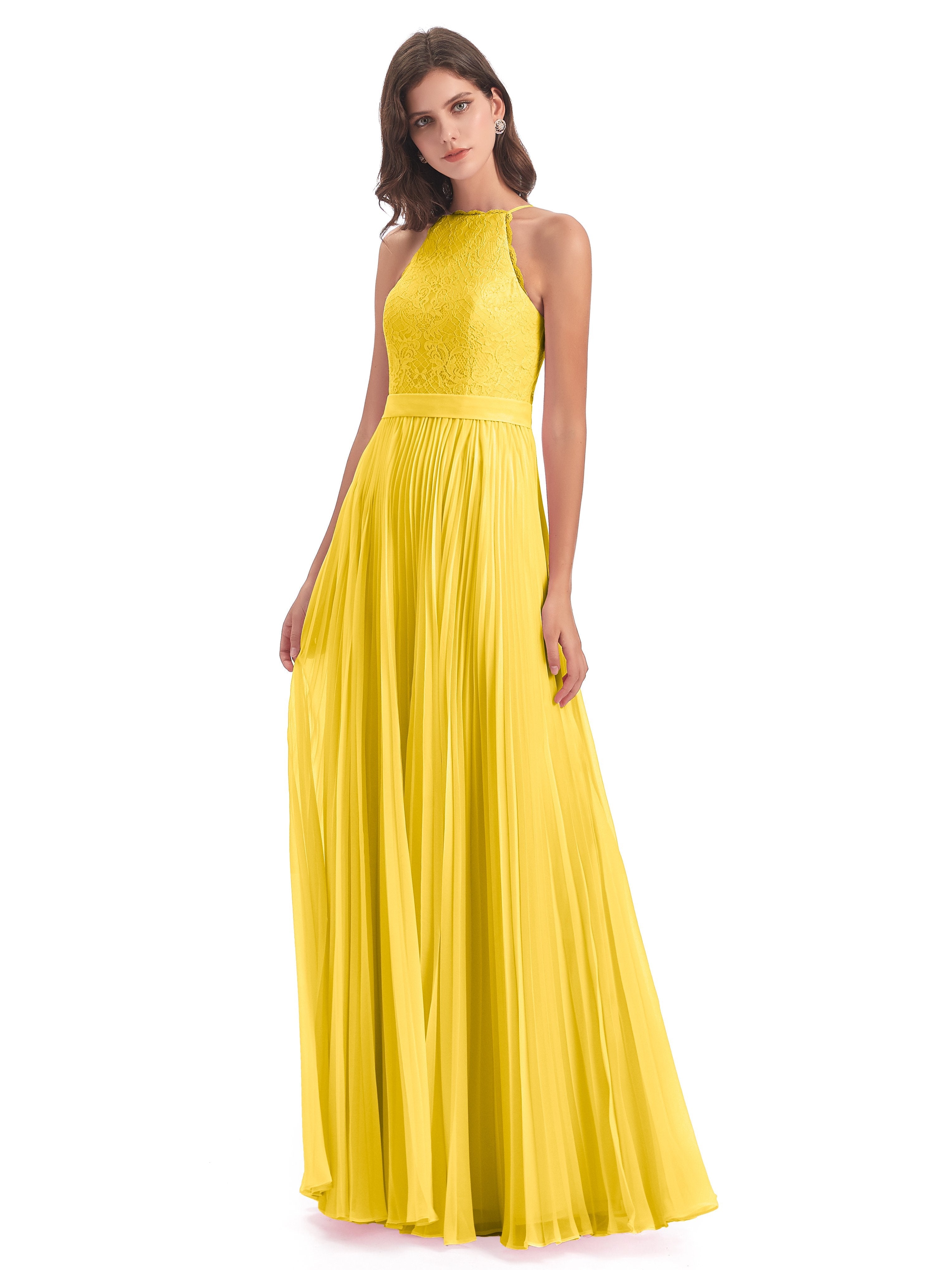 Susan A-Linie Bodenlange Nackenträger Spitze/Chiffon Lange Brautjungfernkleider