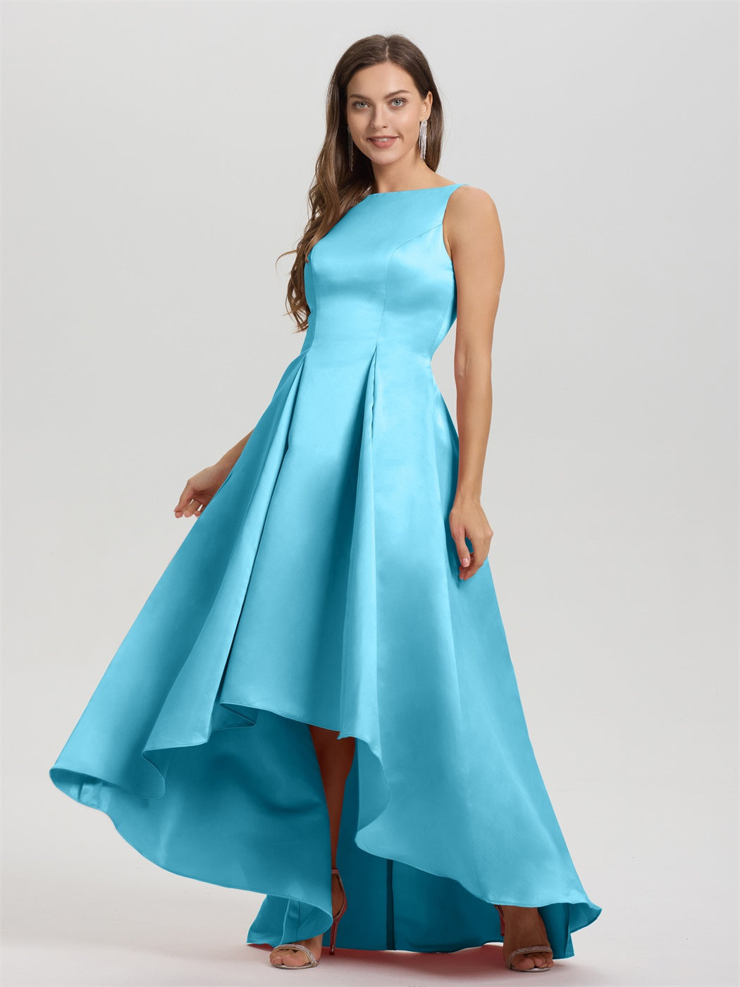 Juwel ärmellose V-Rücken lange Satin Brautjungfernkleider