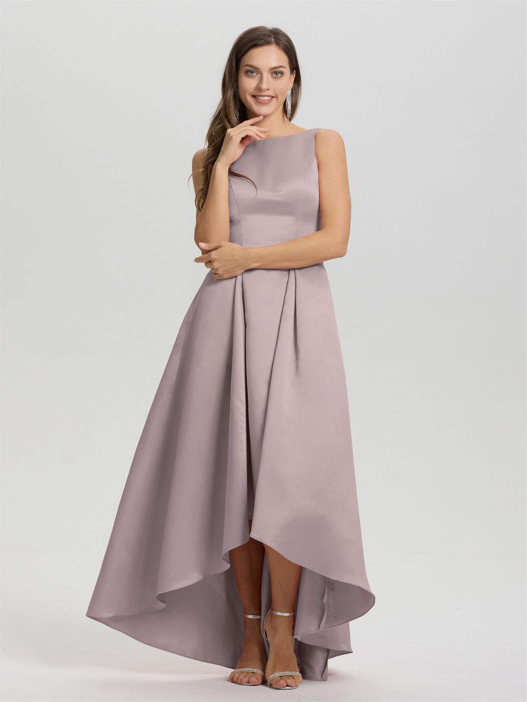 Juwel ärmellose V-Rücken lange Satin Brautjungfernkleider