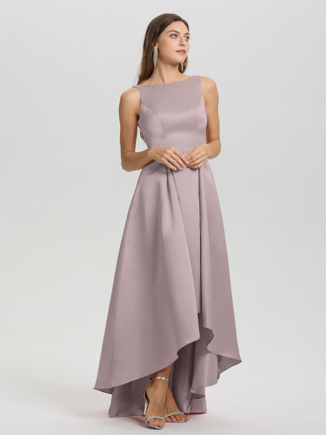 Juwel ärmellose V-Rücken lange Satin Brautjungfernkleider