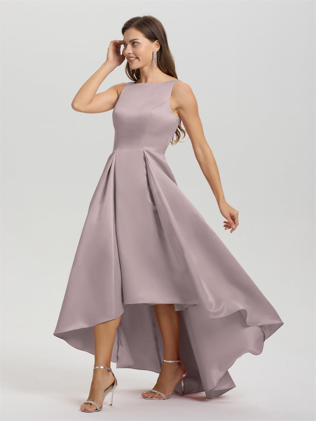 Juwel ärmellose V-Rücken lange Satin Brautjungfernkleider