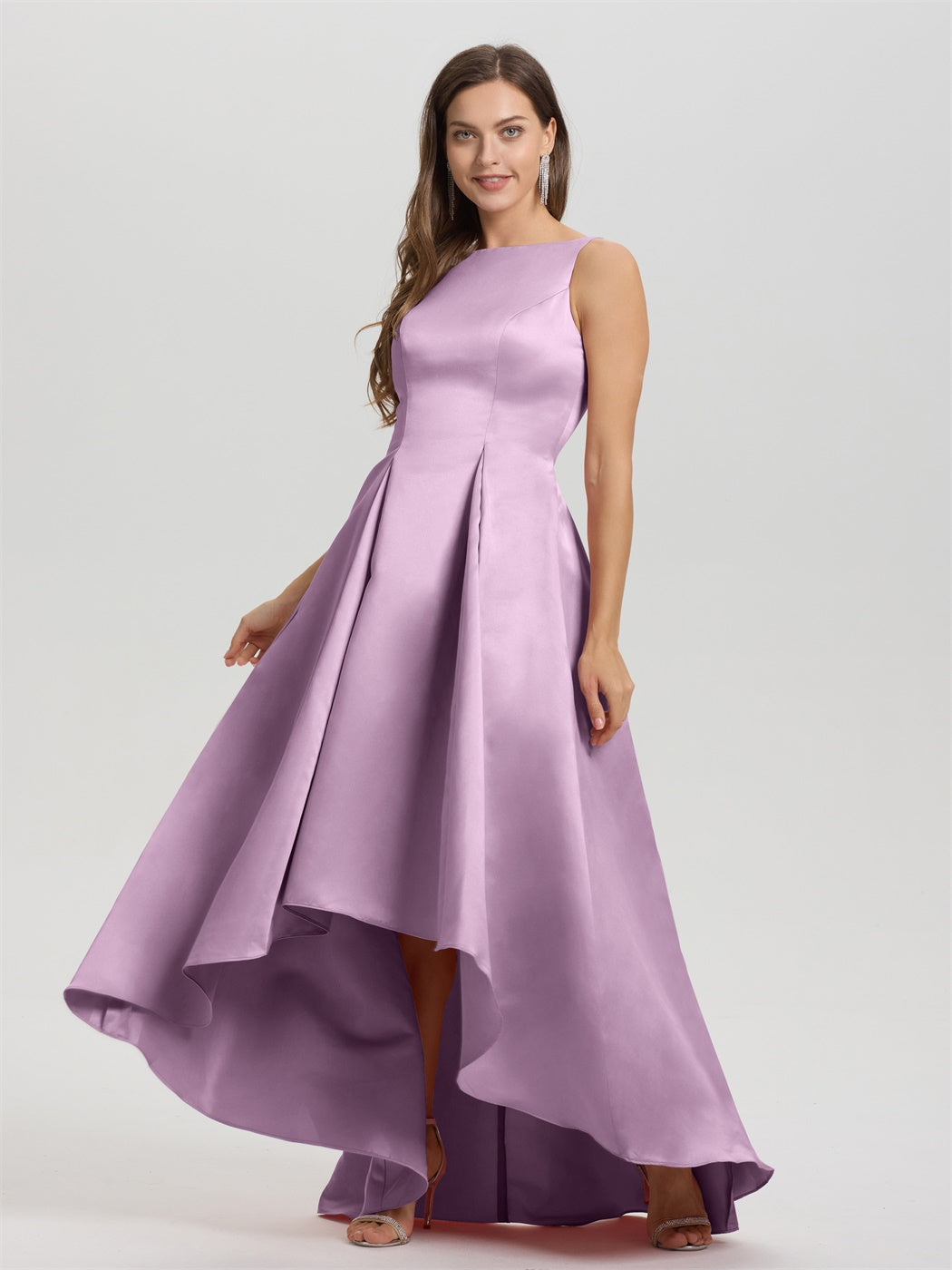 Juwel ärmellose V-Rücken lange Satin Brautjungfernkleider