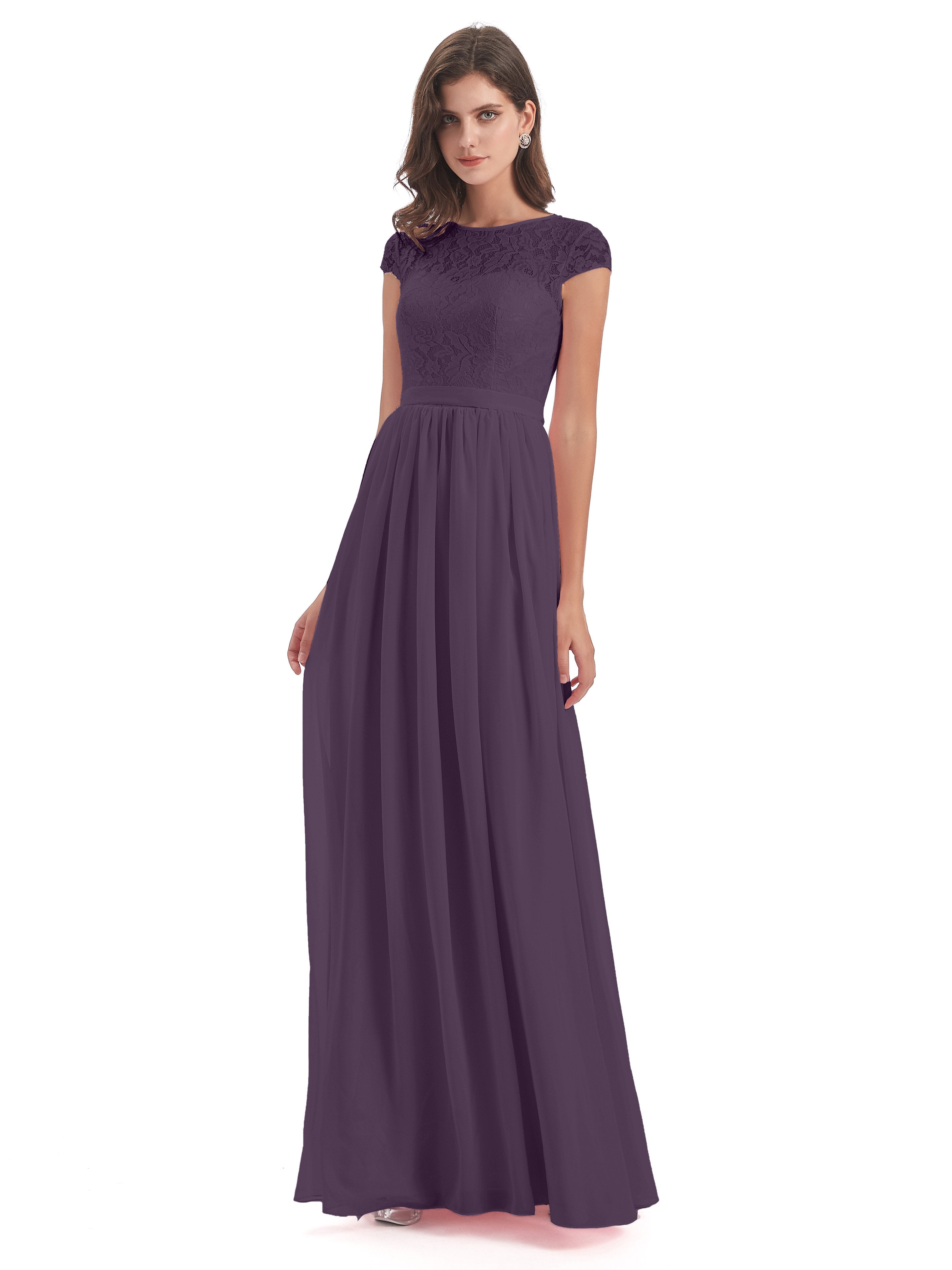 Yamileth A-Linie Bodenlange Kappenärmel Illusion Ausschnitt Spitze/Chiffon Lange Brautjungfernkleider