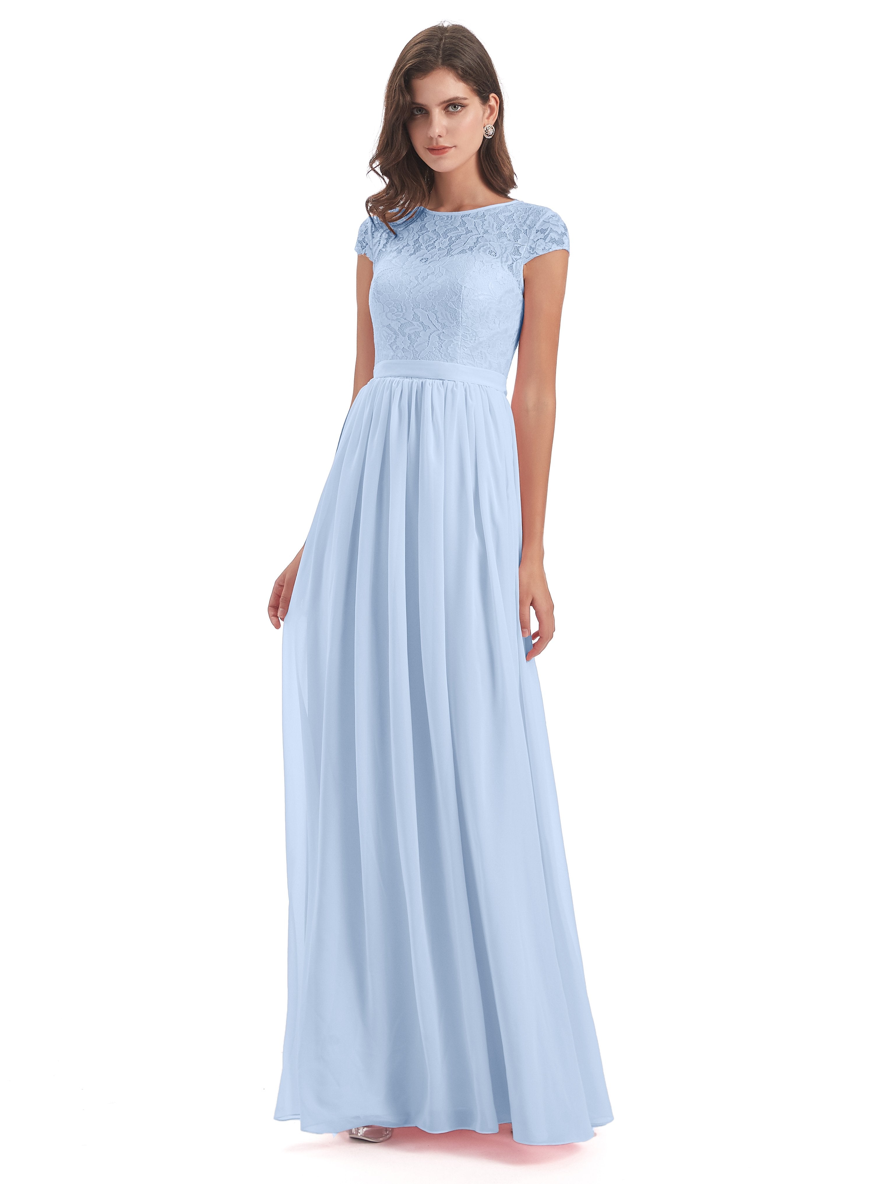 Yamileth A-Linie Bodenlange Kappenärmel Illusion Ausschnitt Spitze/Chiffon Lange Brautjungfernkleider