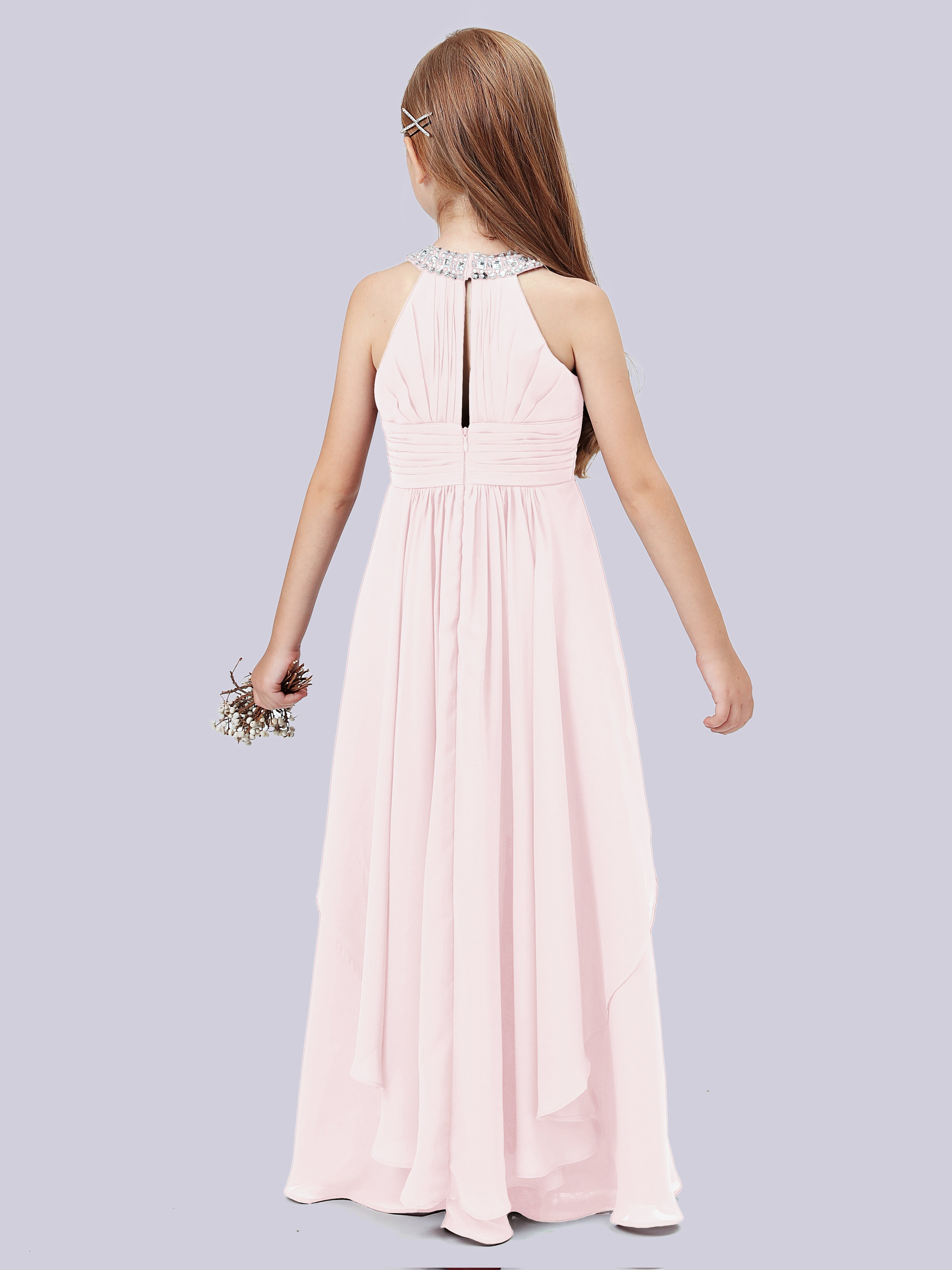 Ärmelloses Cascade Kleid für Junge Brautjungfern mit Stehkragen