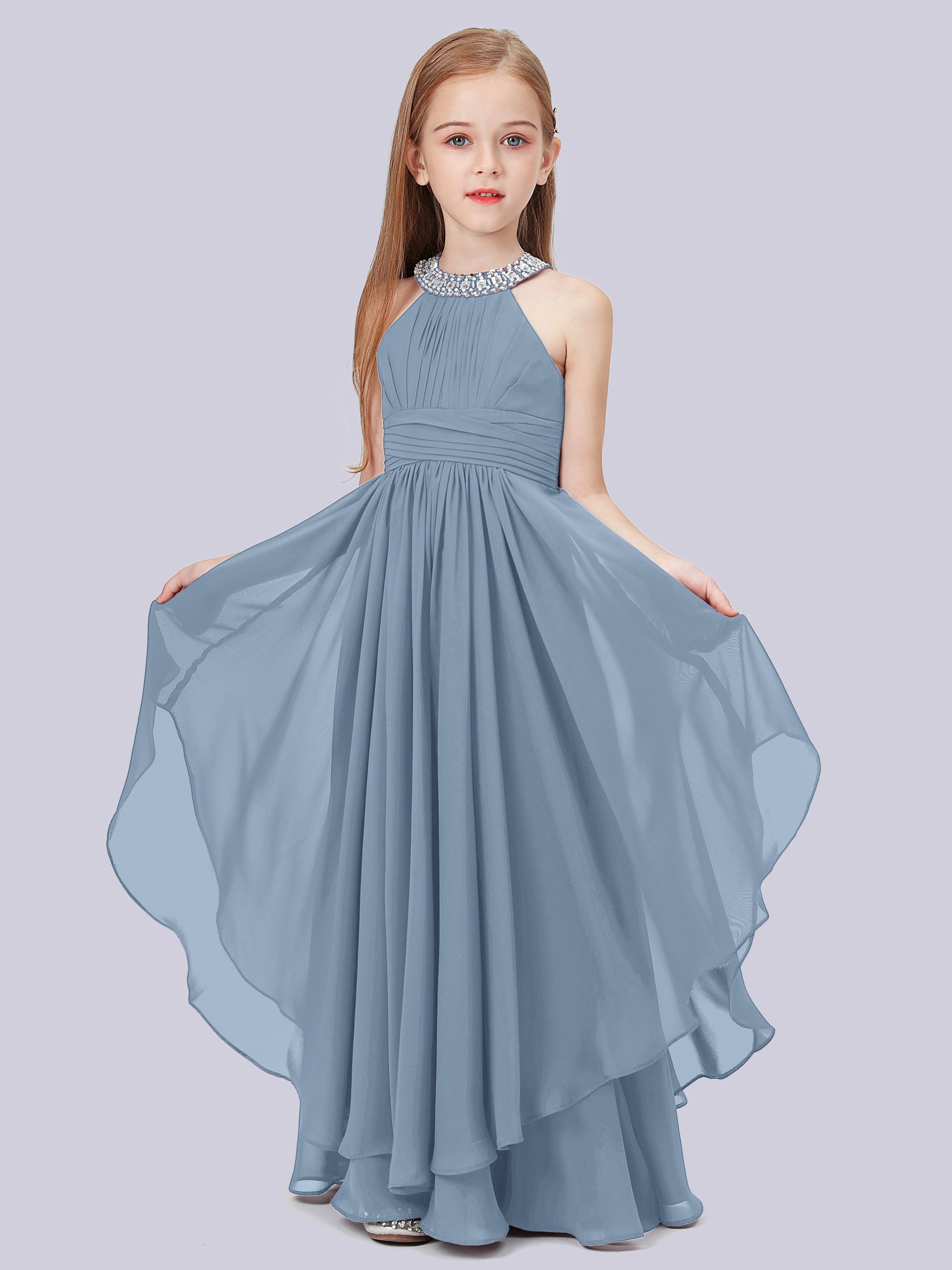 Ärmelloses Cascade Kleid für Junge Brautjungfern mit Stehkragen