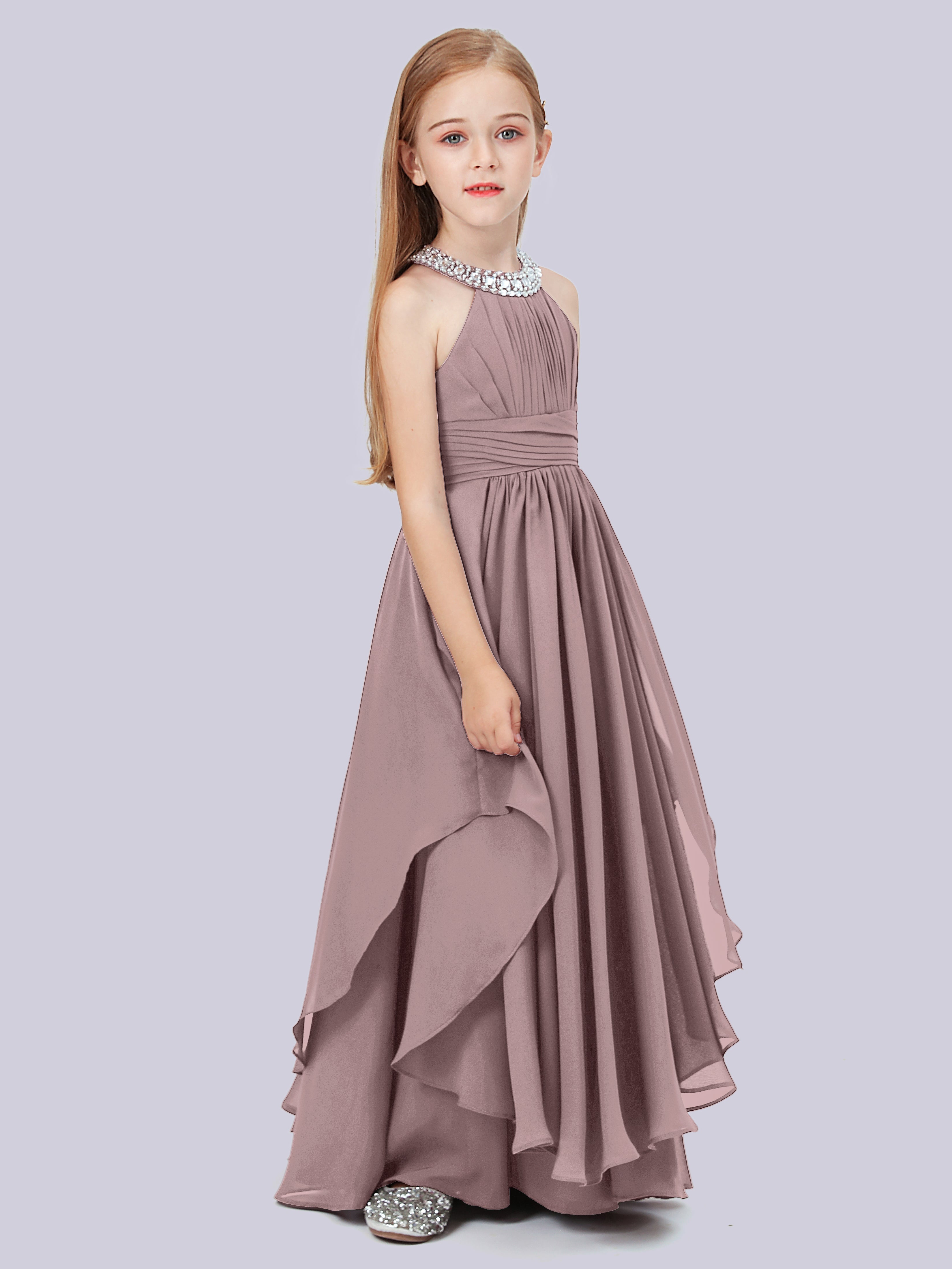 Ärmelloses Cascade Kleid für Junge Brautjungfern mit Stehkragen