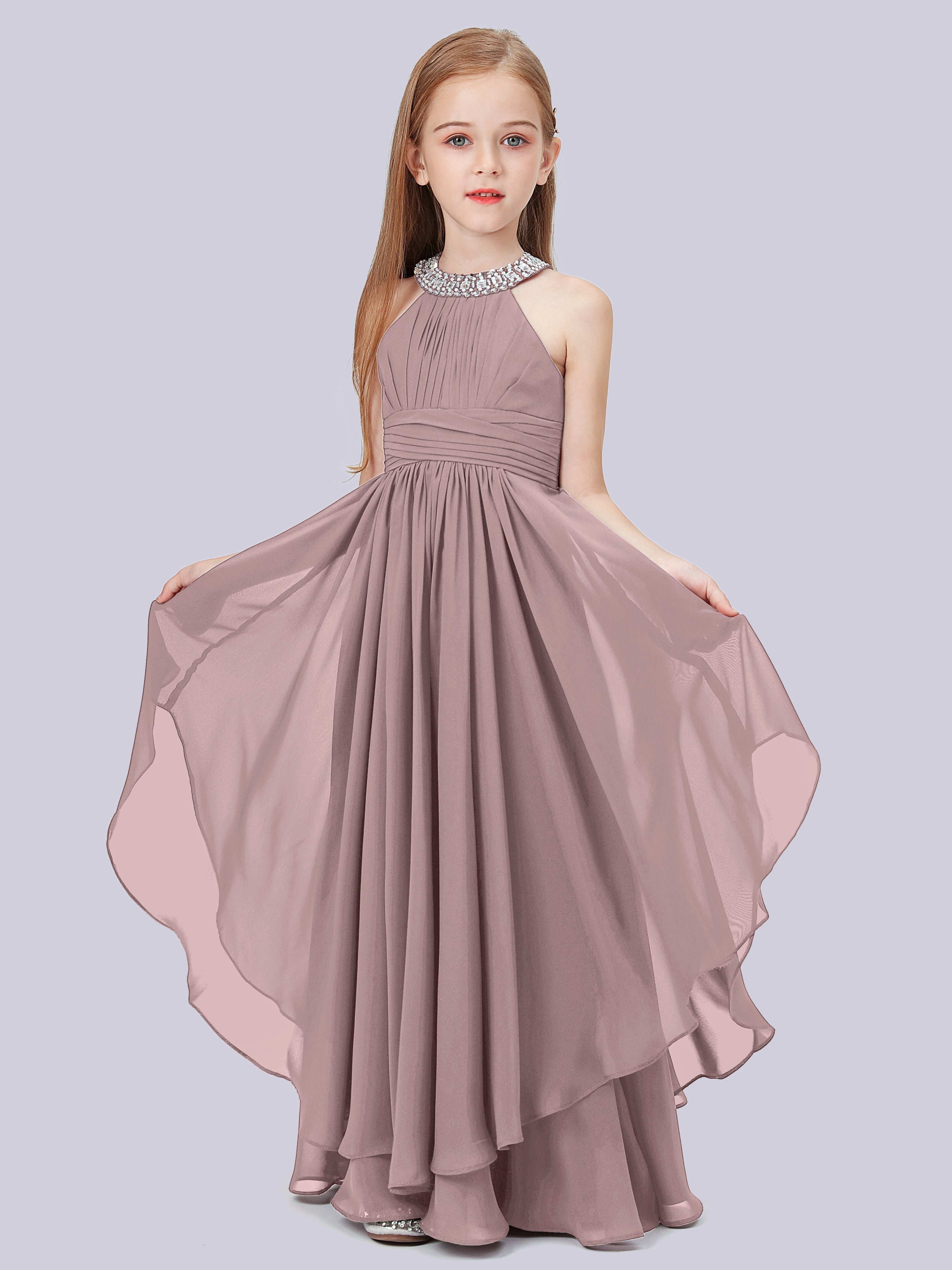 Ärmelloses Cascade Kleid für Junge Brautjungfern mit Stehkragen