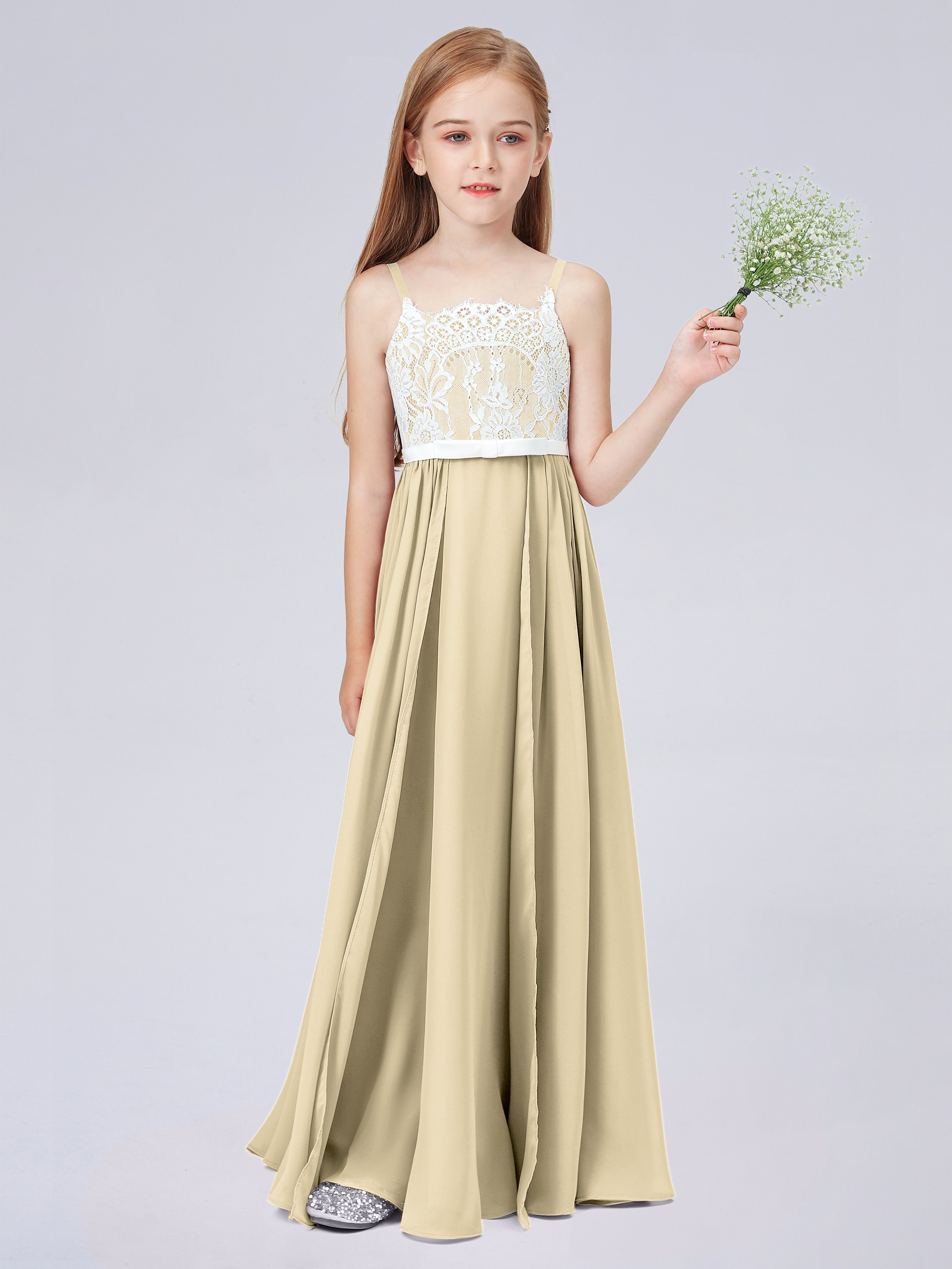 Spitzenkleid für Junge Brautjungfern mit Spaghettiträgern