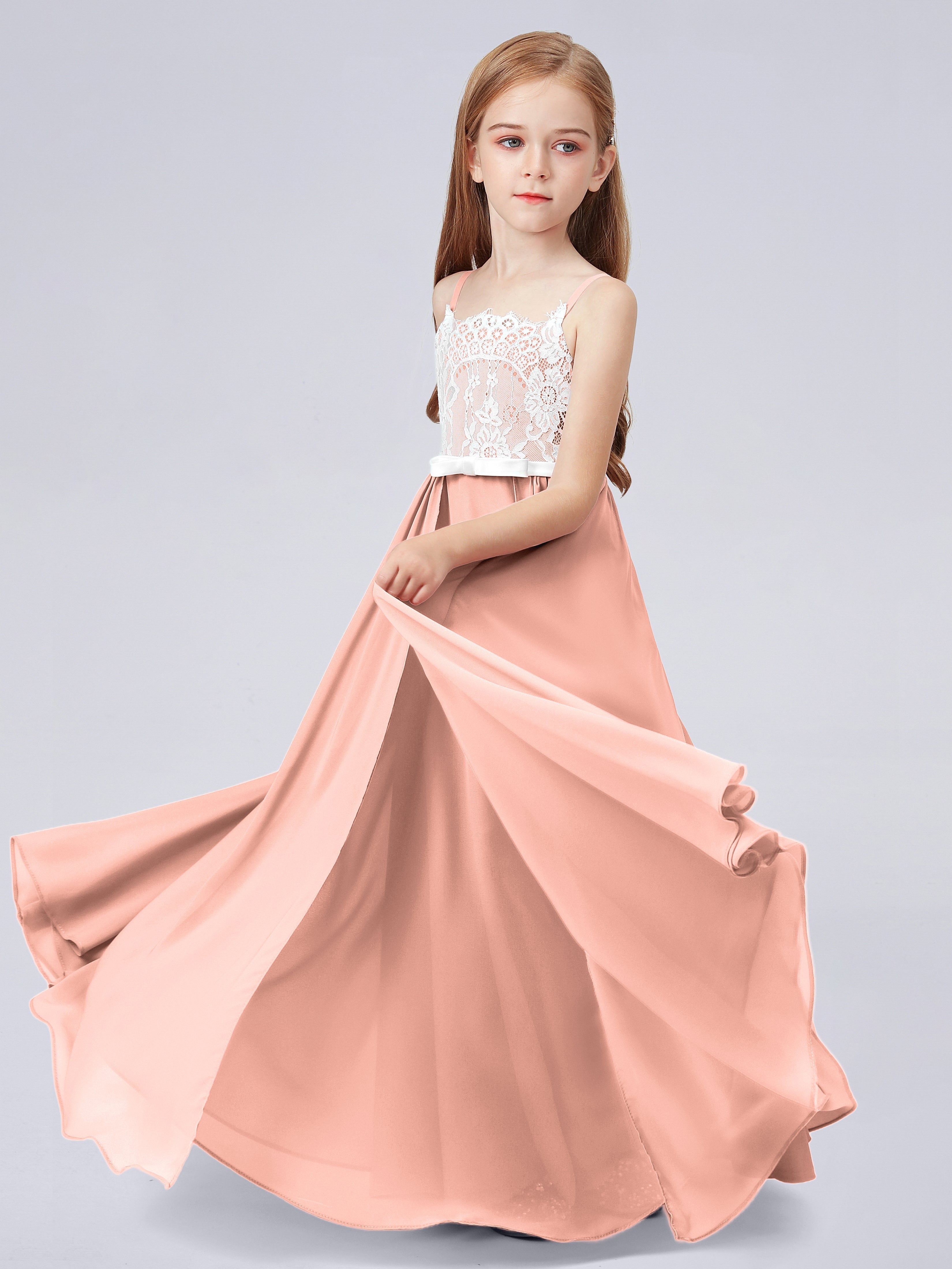 Spitzenkleid für Junge Brautjungfern mit Spaghettiträgern