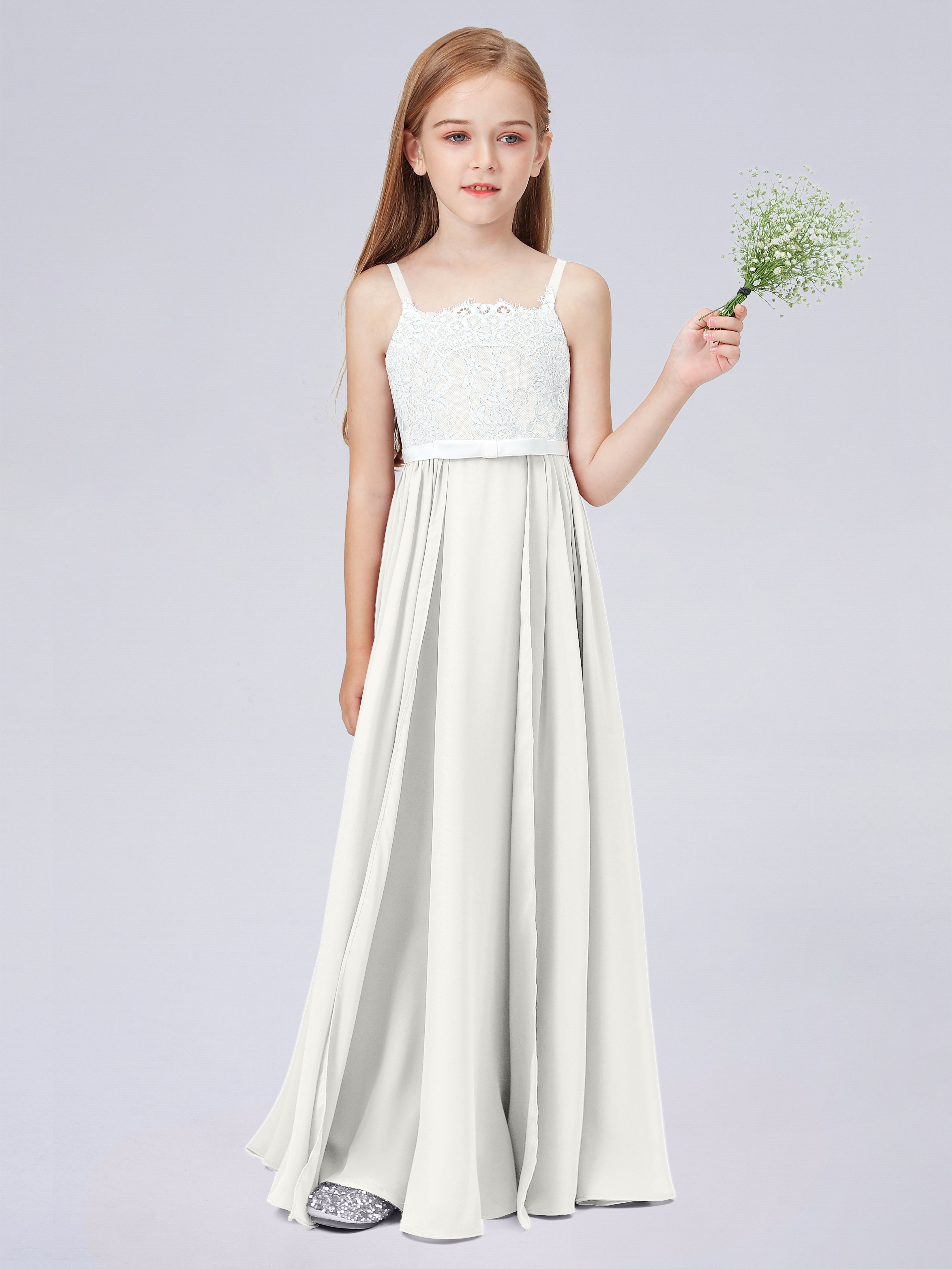 Spitzenkleid für Junge Brautjungfern mit Spaghettiträgern