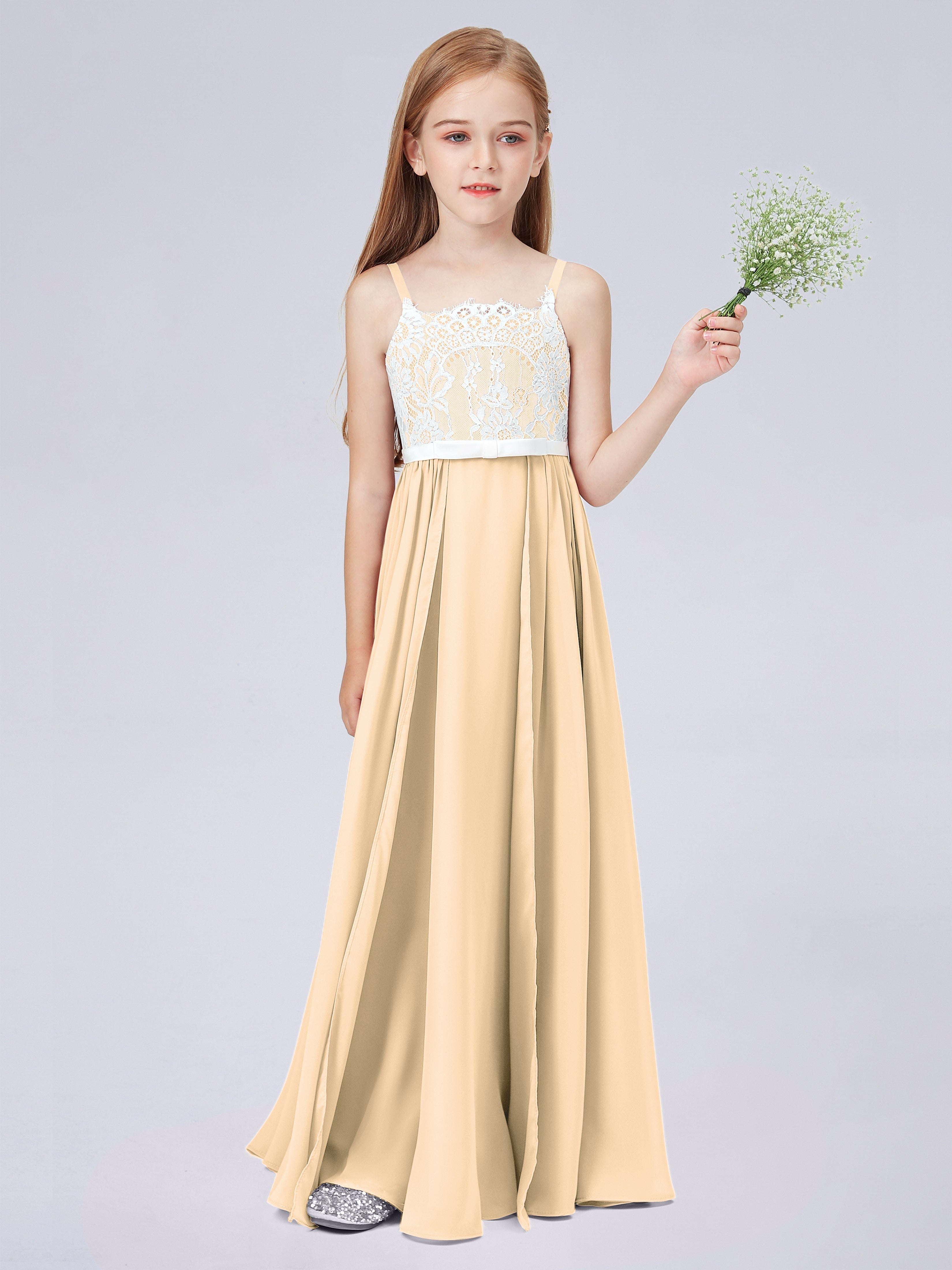 Spitzenkleid für Junge Brautjungfern mit Spaghettiträgern