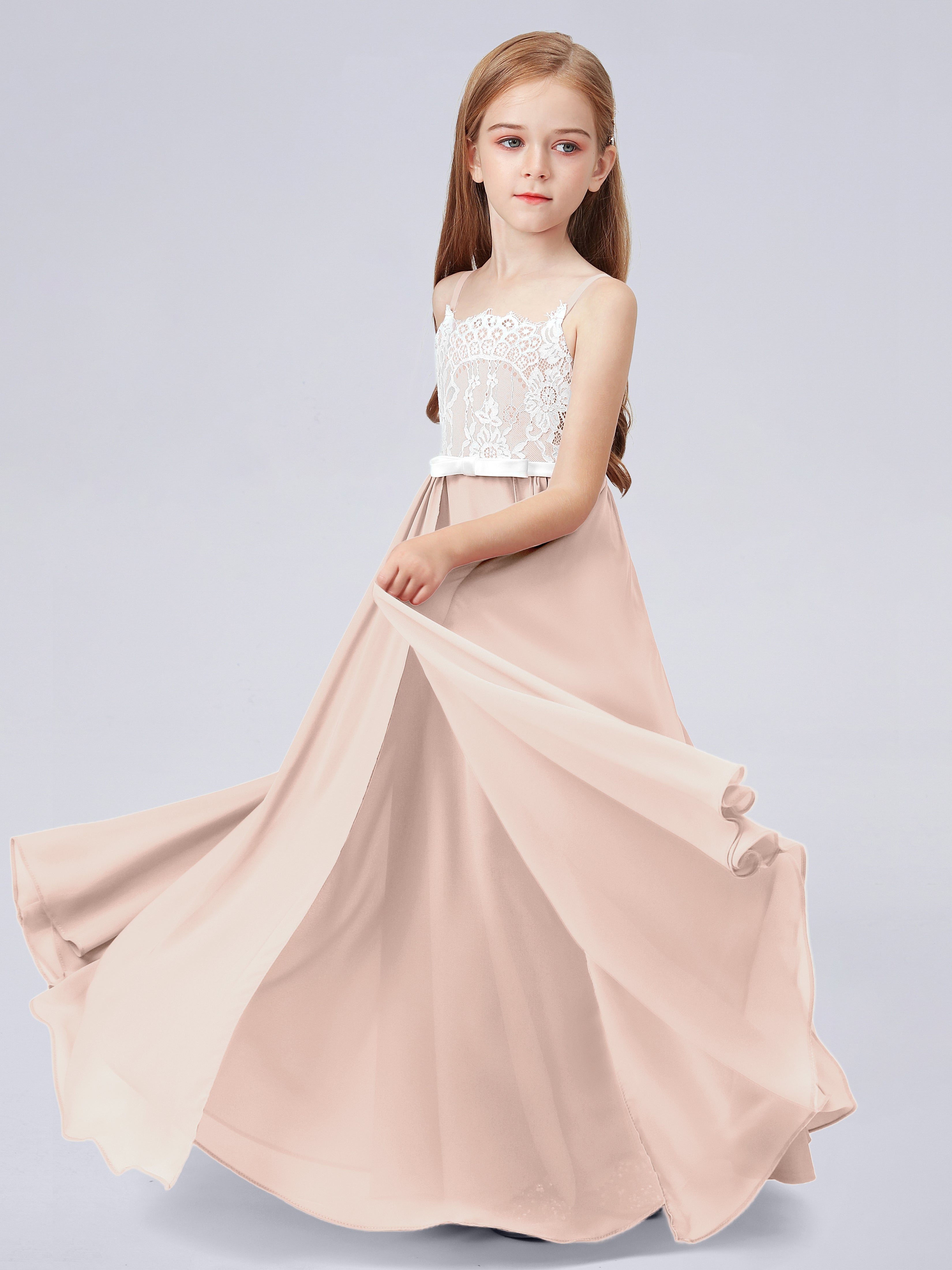 Spitzenkleid für Junge Brautjungfern mit Spaghettiträgern