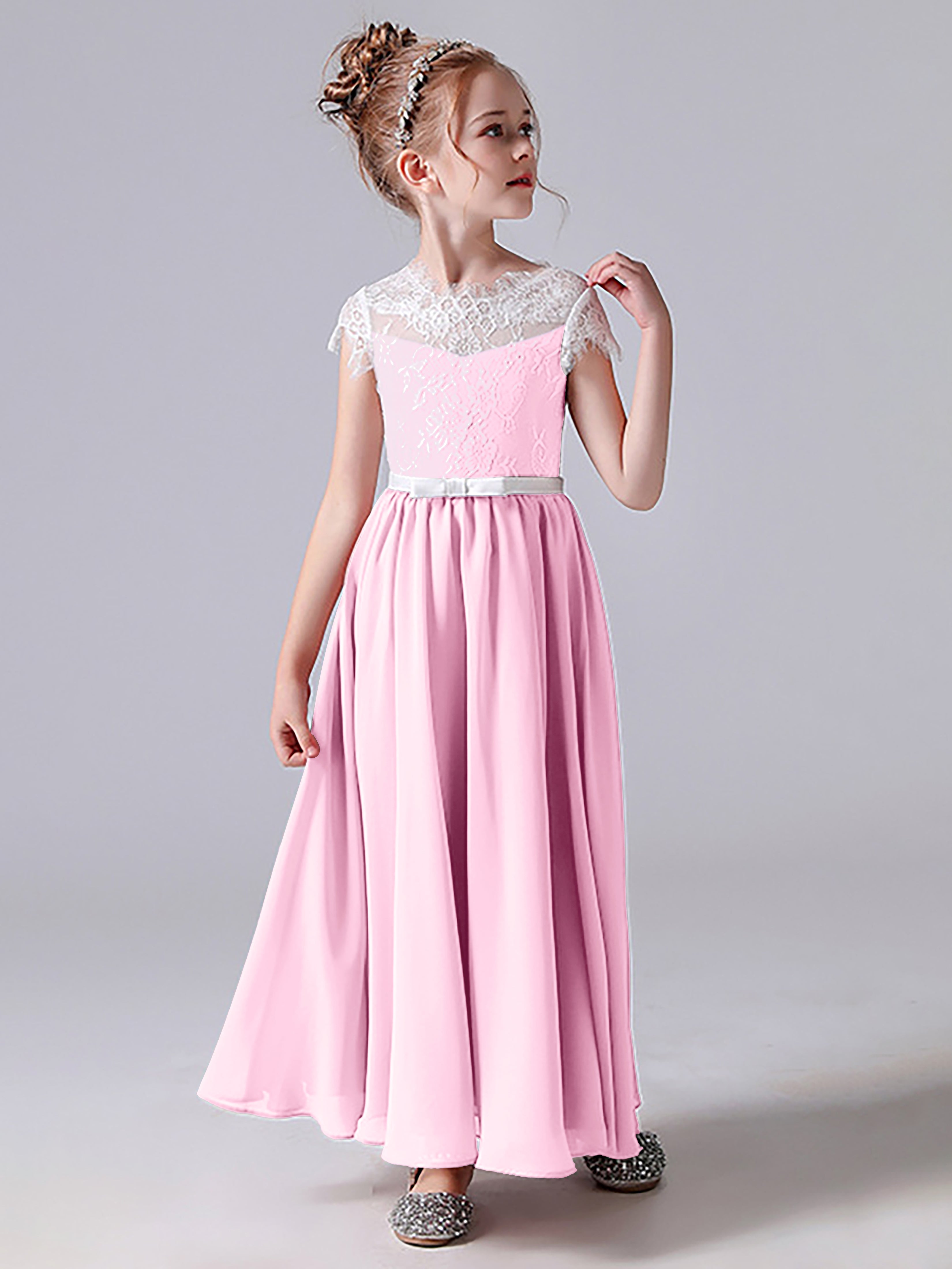 Spitzenkleid für Junge Brautjungfern mit U-Ausschnitt und Ärmeln