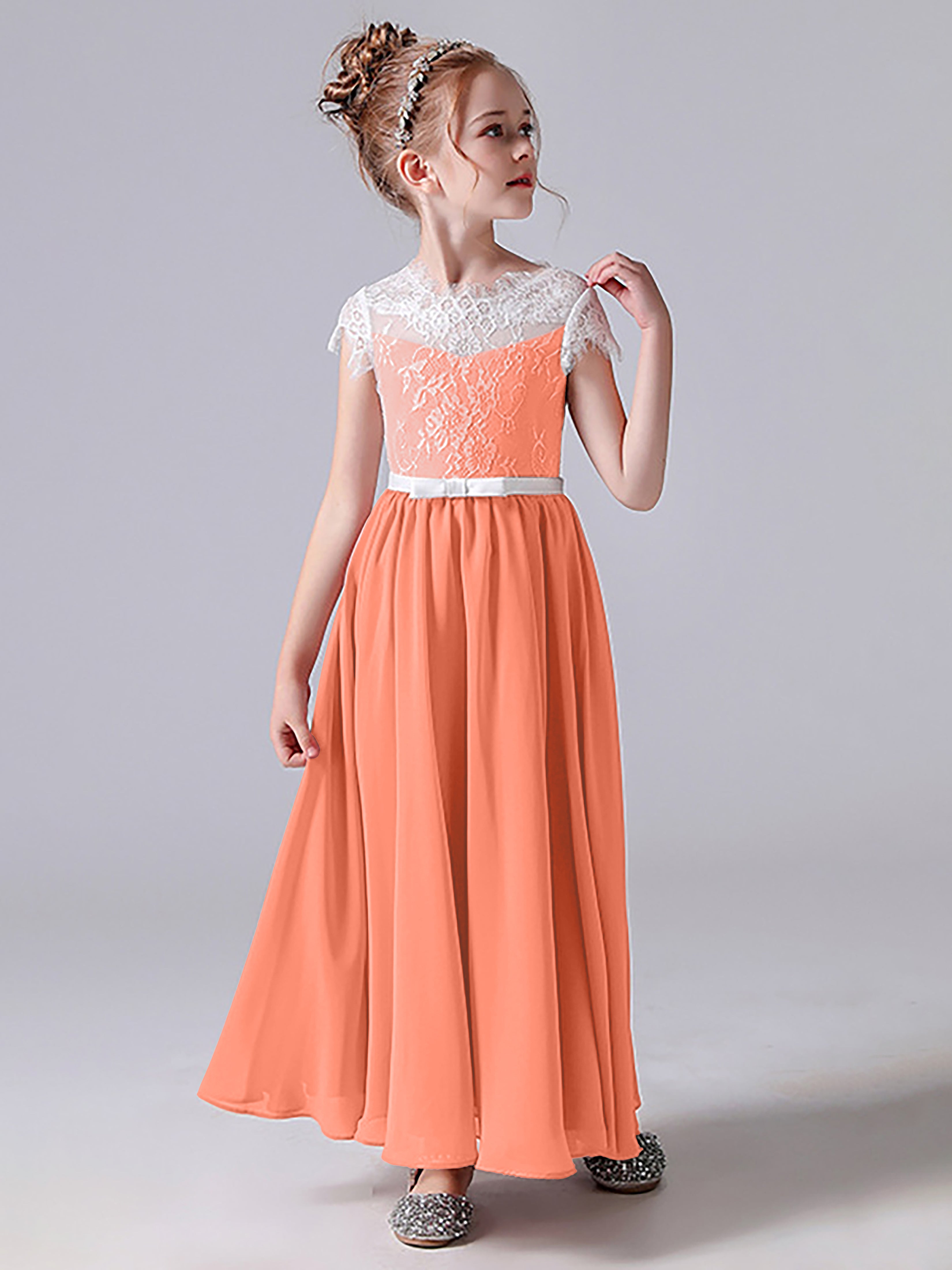 Spitzenkleid für Junge Brautjungfern mit U-Ausschnitt und Ärmeln