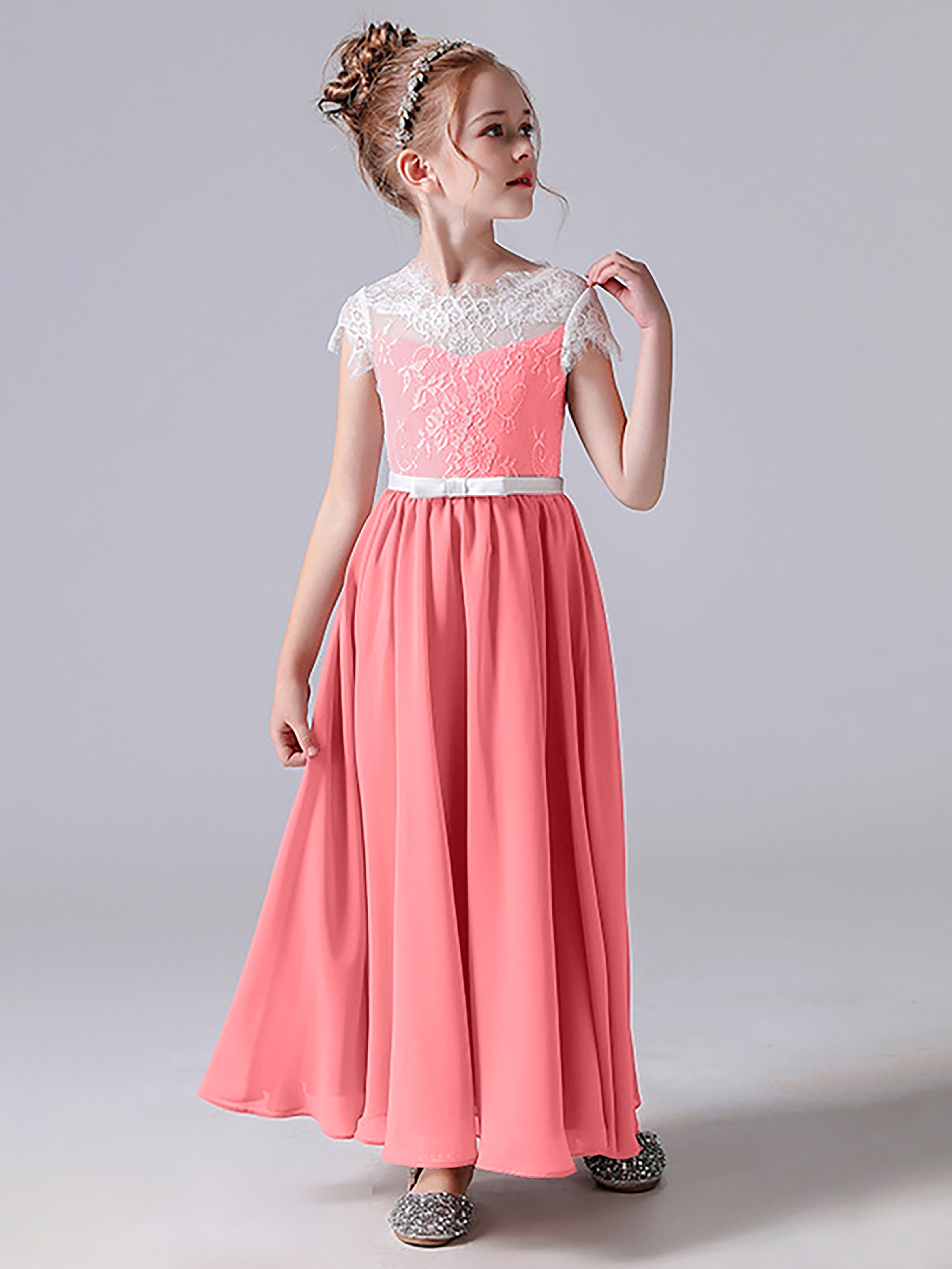 Spitzenkleid für Junge Brautjungfern mit U-Ausschnitt und Ärmeln