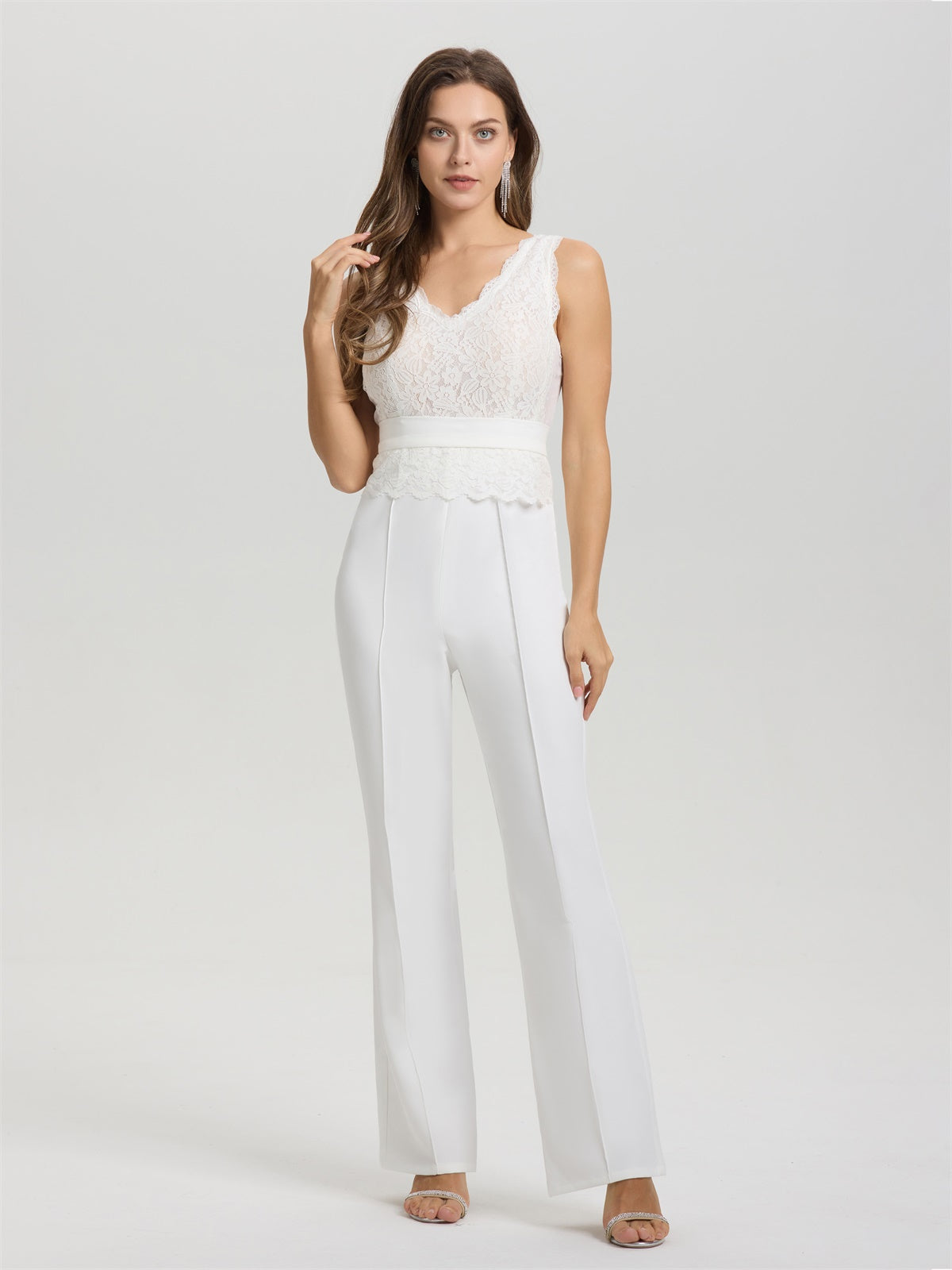 Süßer Elfenbein V-Ausschnitt ärmelloses Spitzenoberteil Hochzeit Hosenanzug/Jumpsuit