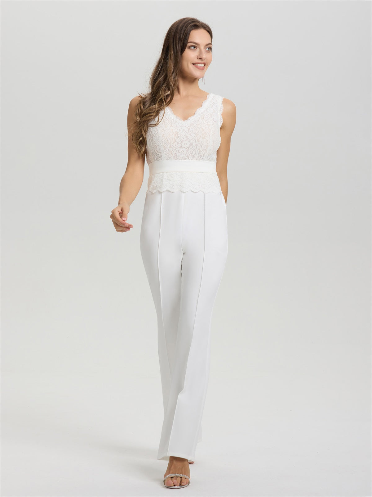 Süßer Elfenbein V-Ausschnitt ärmelloses Spitzenoberteil Hochzeit Hosenanzug/Jumpsuit