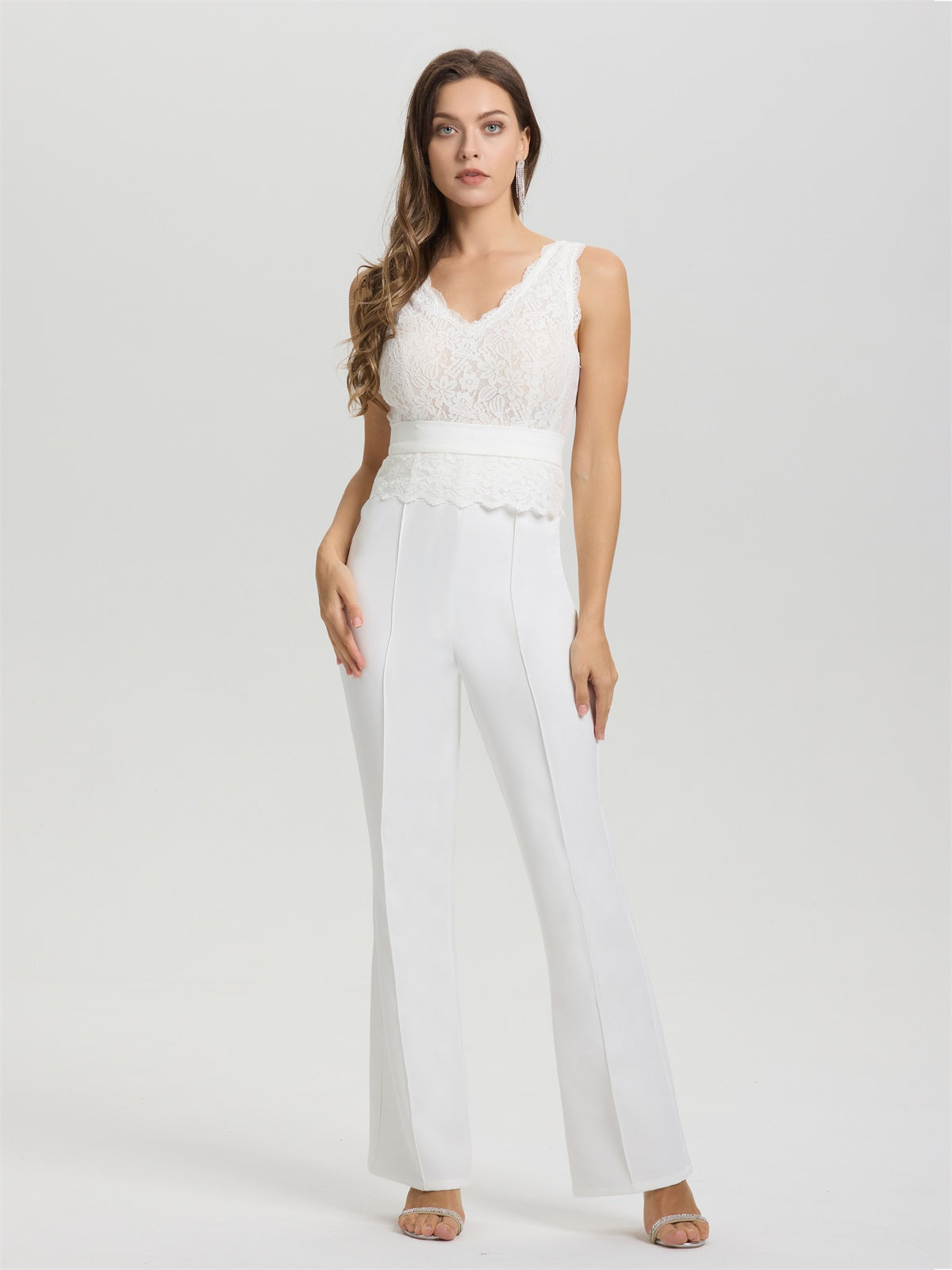 Süßer Elfenbein V-Ausschnitt ärmelloses Spitzenoberteil Hochzeit Hosenanzug/Jumpsuit