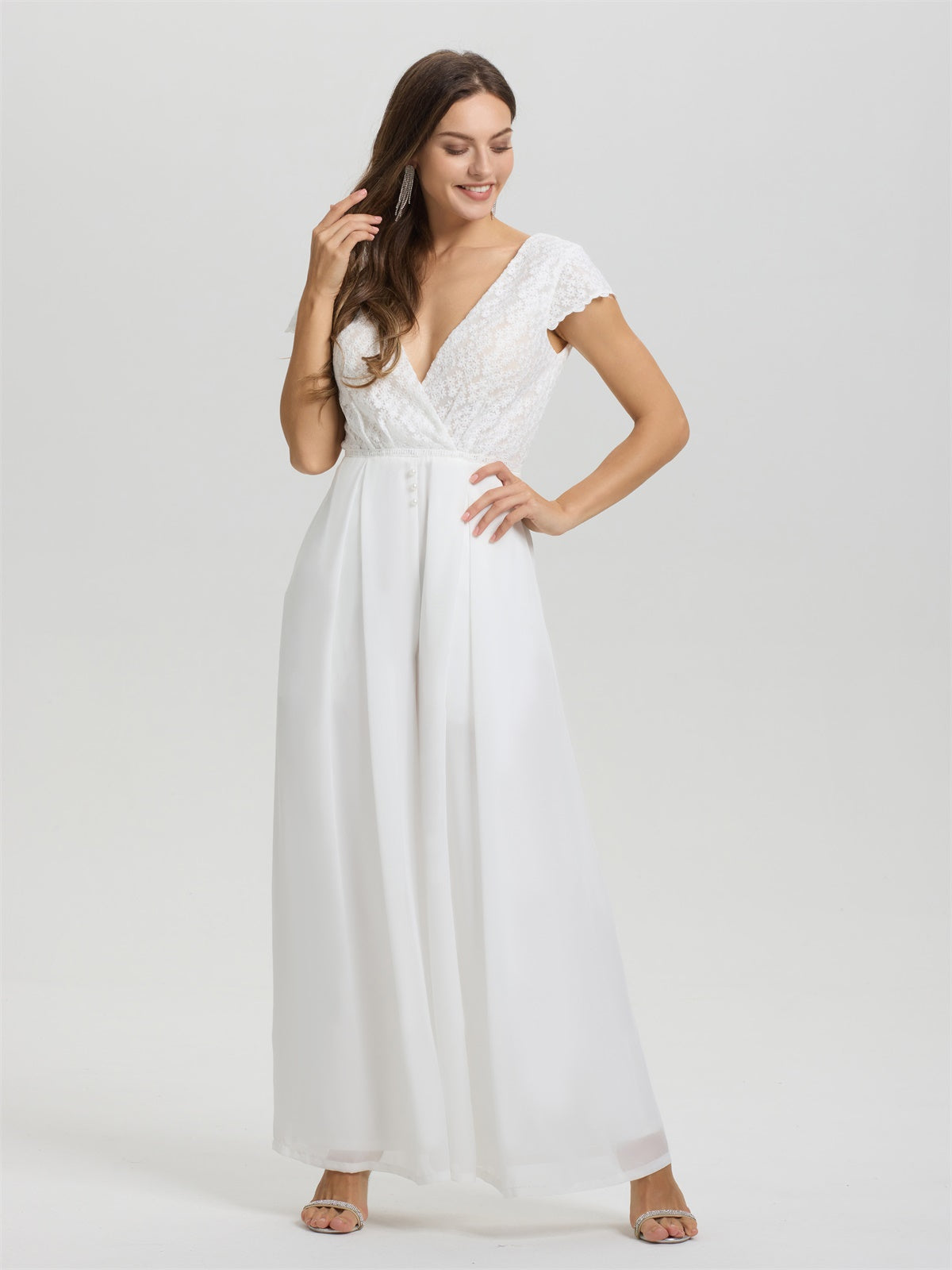 V-Ausschnitt Kappenärmel Spitze Top Chiffon Hochzeit Jumpsuit/Hosenanzug