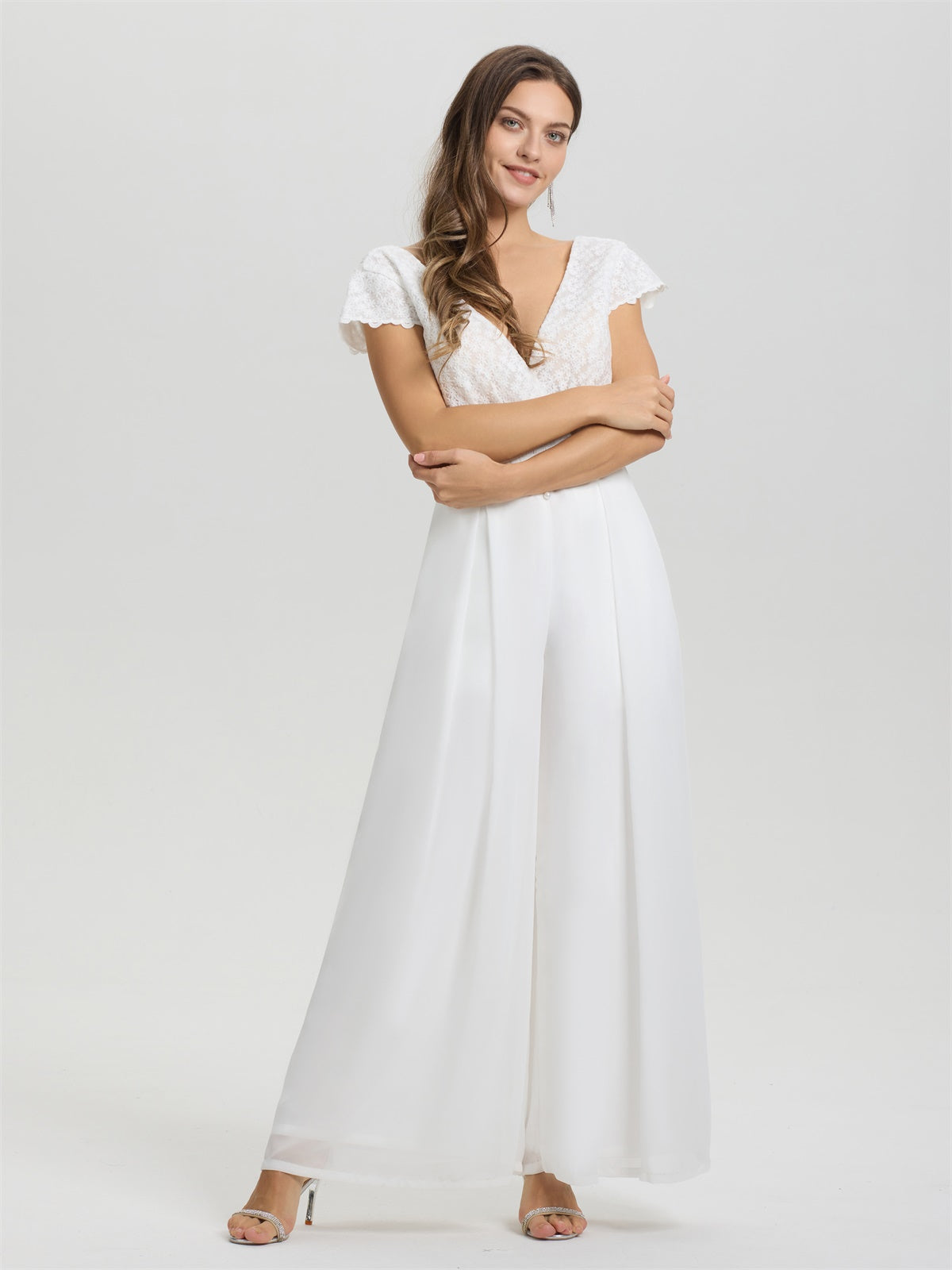 V-Ausschnitt Kappenärmel Spitze Top Chiffon Hochzeit Jumpsuit/Hosenanzug