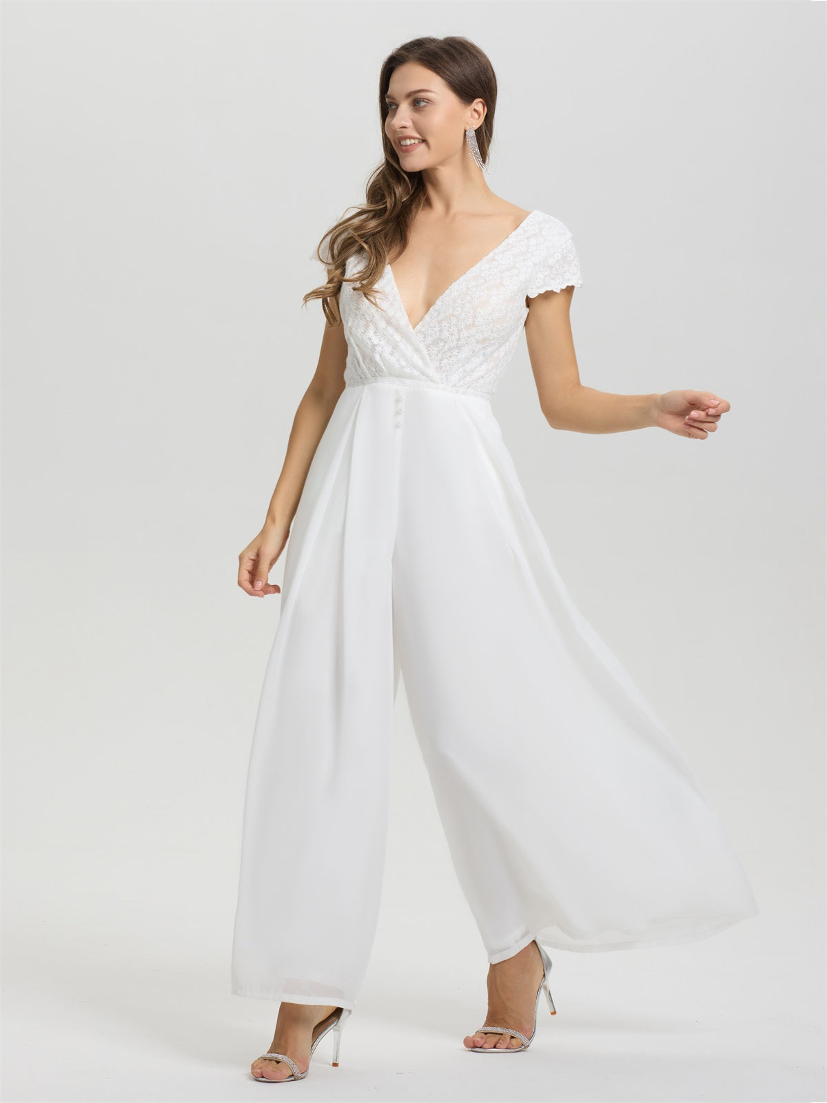 V-Ausschnitt Kappenärmel Spitze Top Chiffon Hochzeit Jumpsuit/Hosenanzug