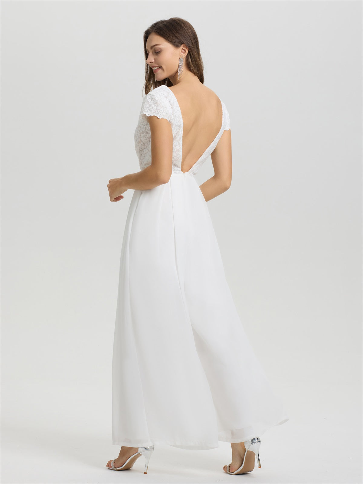 V-Ausschnitt Kappenärmel Spitze Top Chiffon Hochzeit Jumpsuit/Hosenanzug