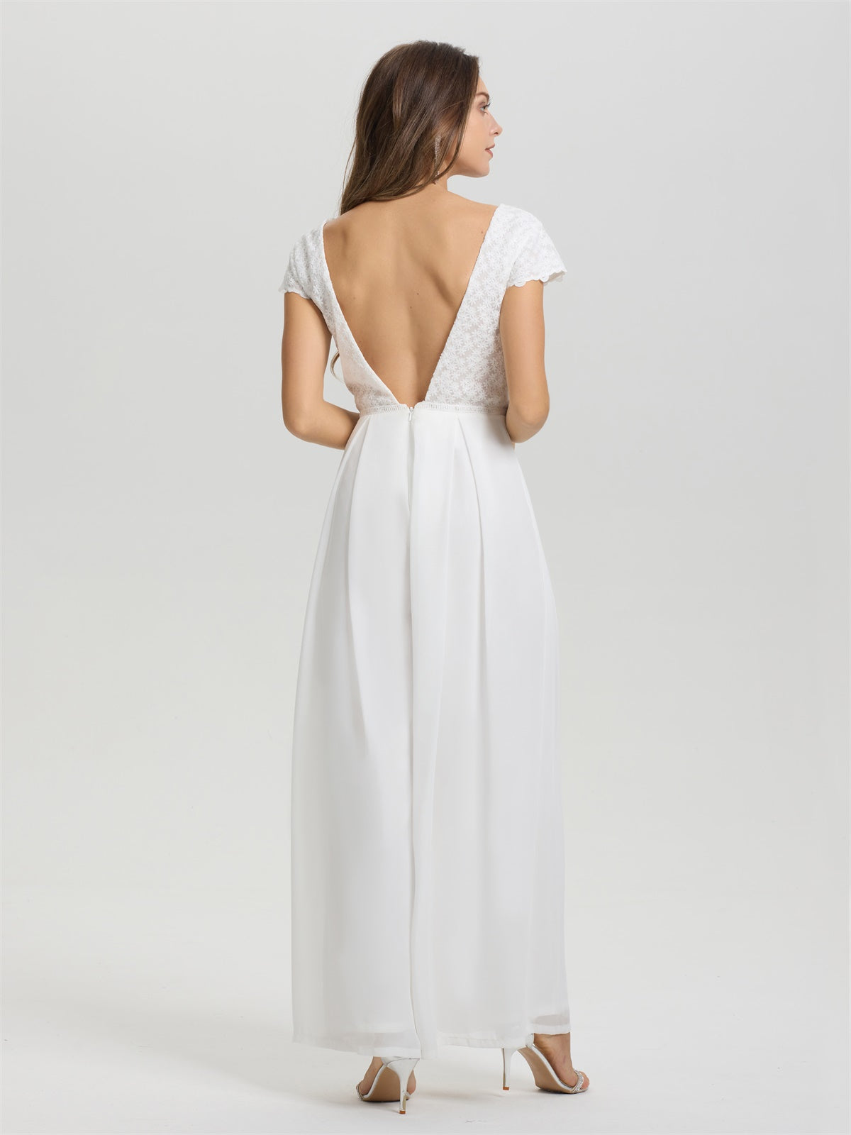 V-Ausschnitt Kappenärmel Spitze Top Chiffon Hochzeit Jumpsuit/Hosenanzug