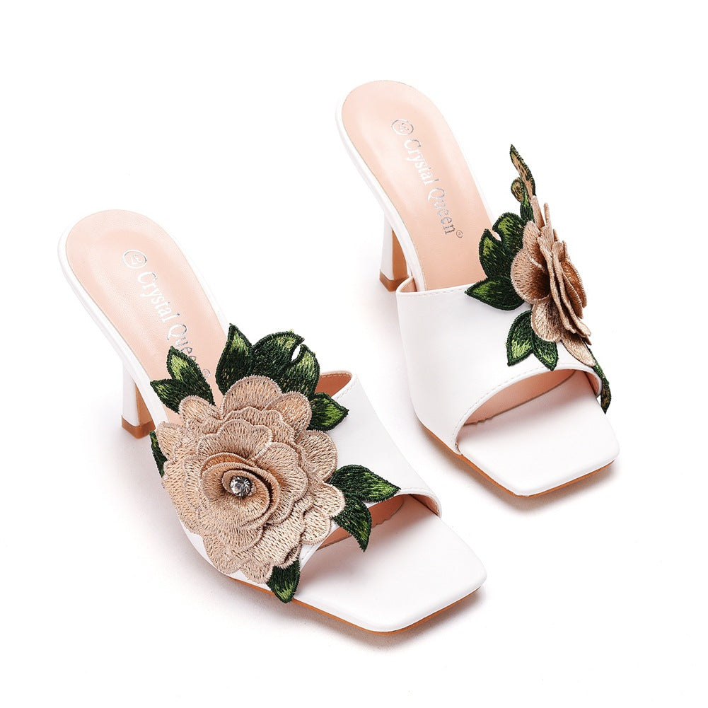 Embroidered Flower Square Toe Fish Mouth High Heeled Sandal Slippers