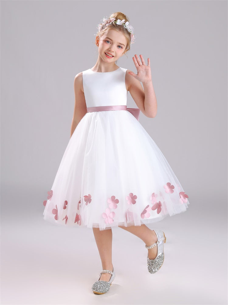 A-Linie Rundhalsausschnitt ärmelloses Tee Länge Satin Blumenmädchen Kleid mit Bowknot