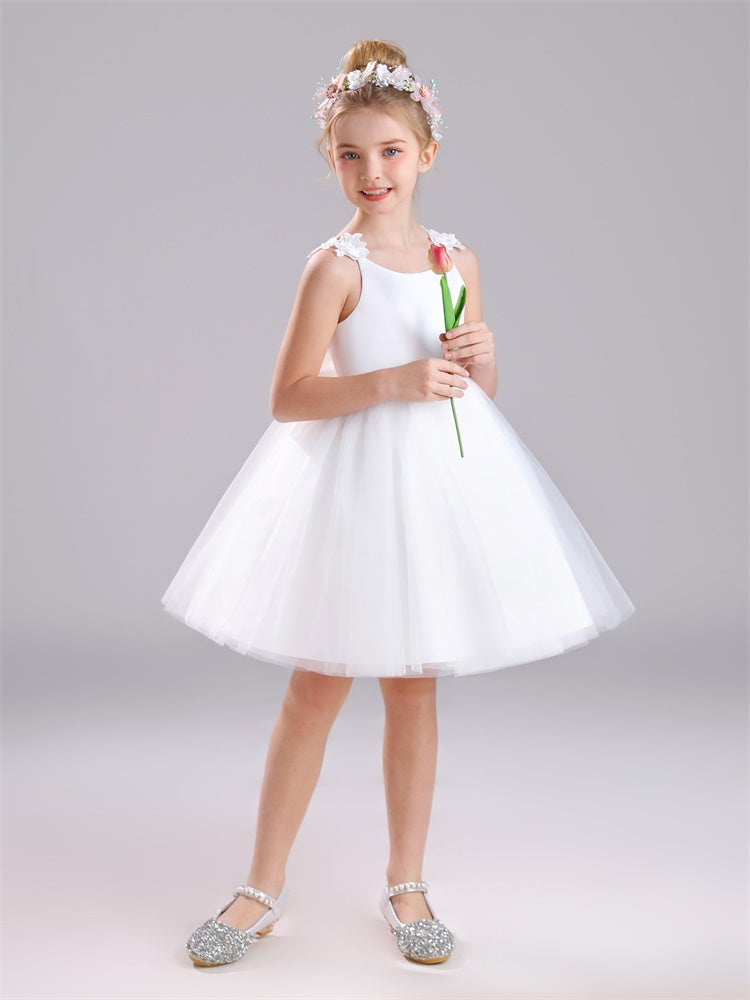 A-Linie Rundhalsausschnitt Knielang Satin Blumenmädchen Kleid mit Blume