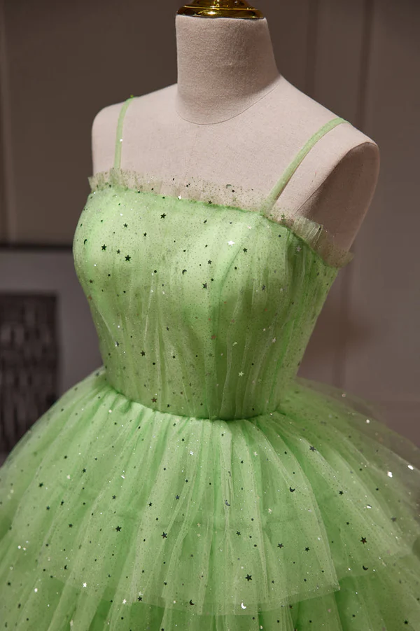 Glitzernde Spaghetti-Träger Pailletten Tüll Kurze Ballkleid