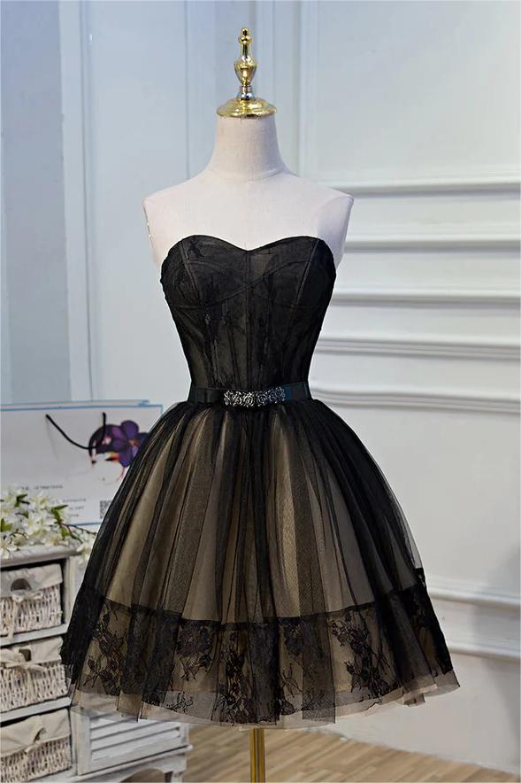 Elegantes Schwarzes Trägerloses Spitzen Ballkleid Tüll Ballkleider