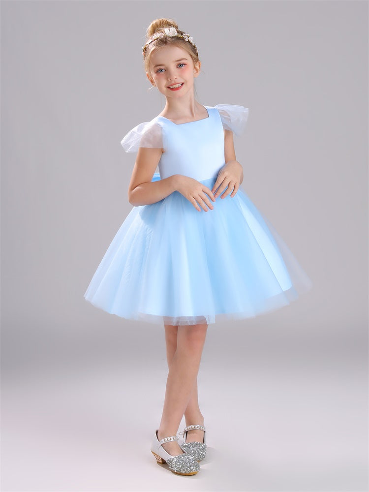 Cap Sleeves Scoop Tulle Knielang Satin Blumenmädchen Kleid